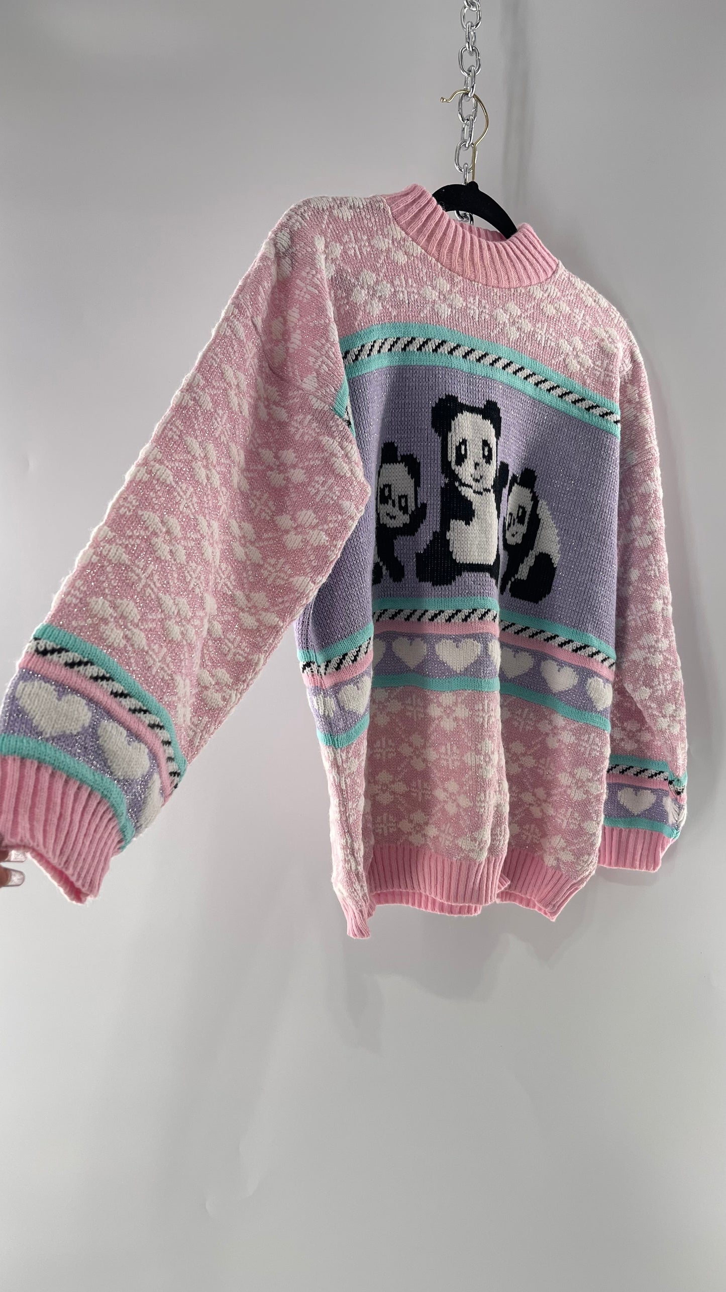 RARE 80s Vintage Adele Pastel Pink, Purple, Mint Silver Tinsel Sweater with Anime/Manga Art Style Pandas (Medium)