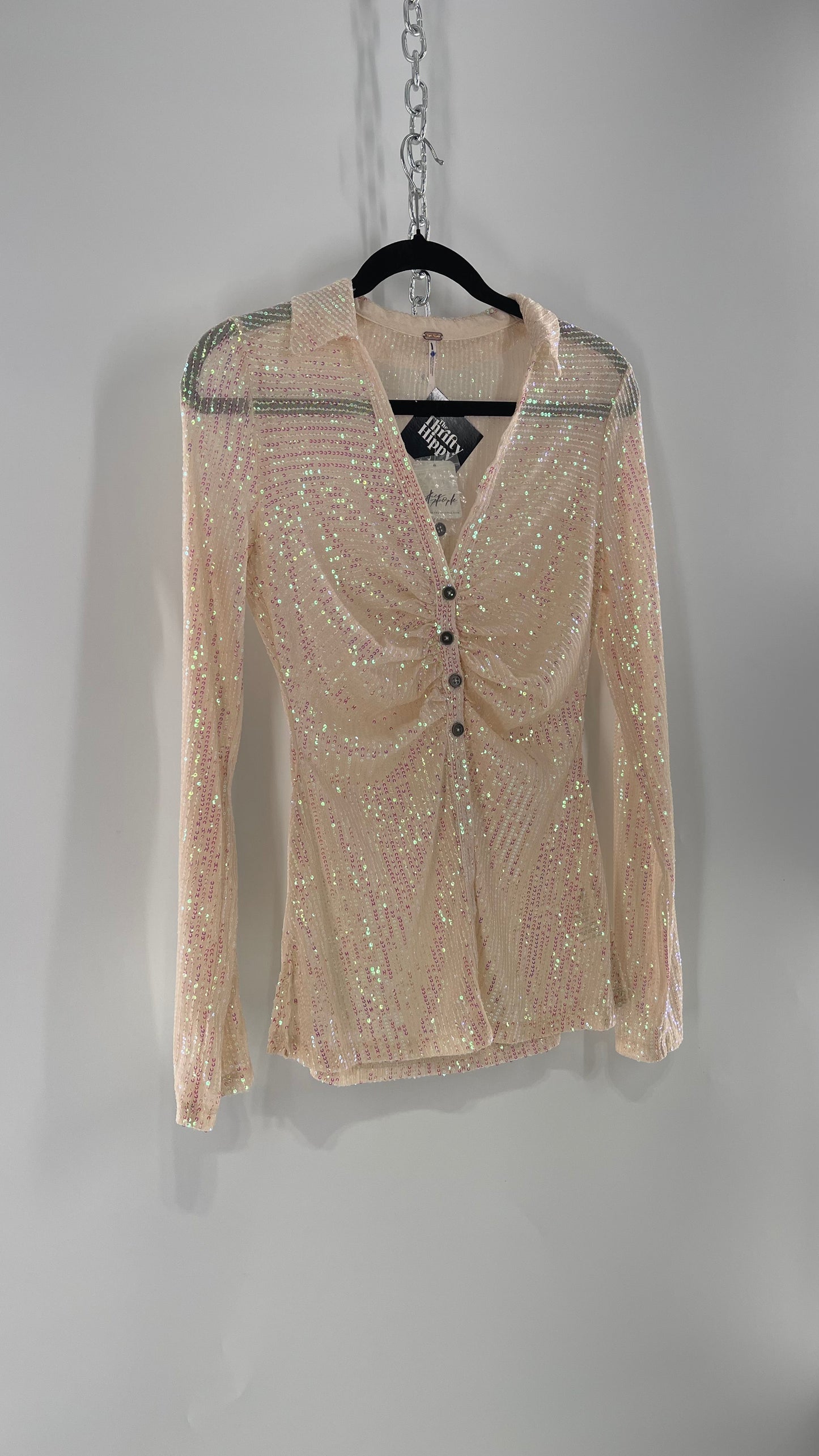 Free People Iridescent Sequined Button Front Ruched Bust Blouse with Tags Attached (Small)