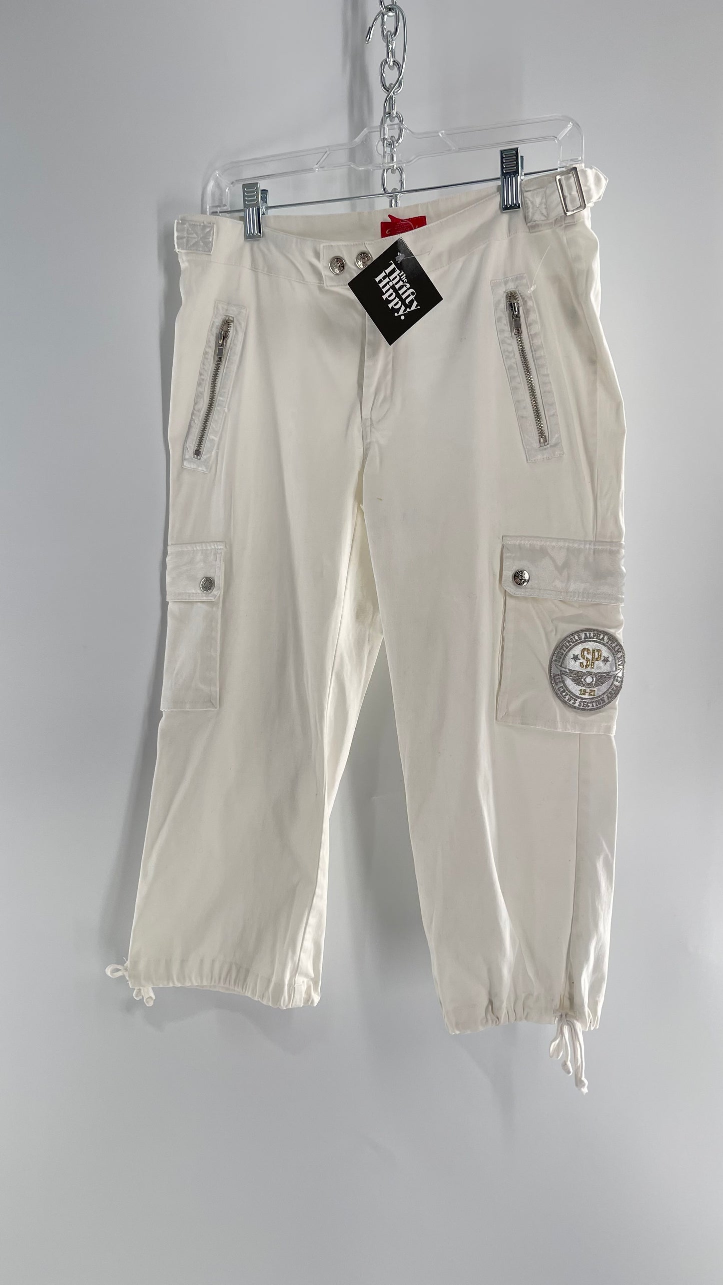 Vintage 1990s South Pole White Capri with Zippers, Silver Hardware, Satin Detailing and Patches (9)