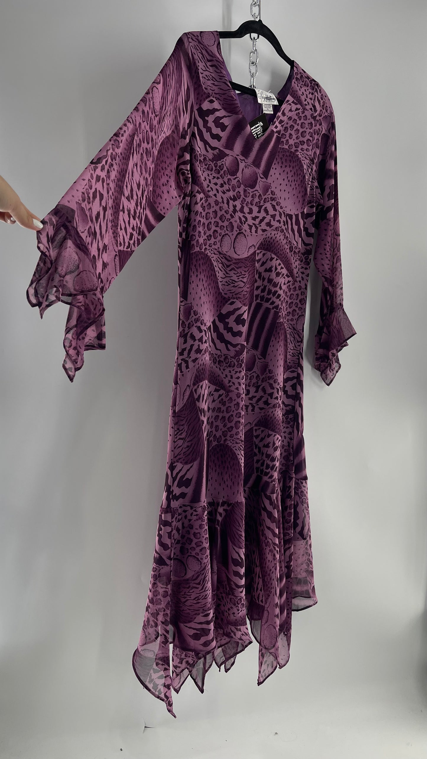 Vintage Signature JMB Suga Plum Fairy, Purple Maxi with Animal Print, Handkerchief Hem and Sleeves (XL)