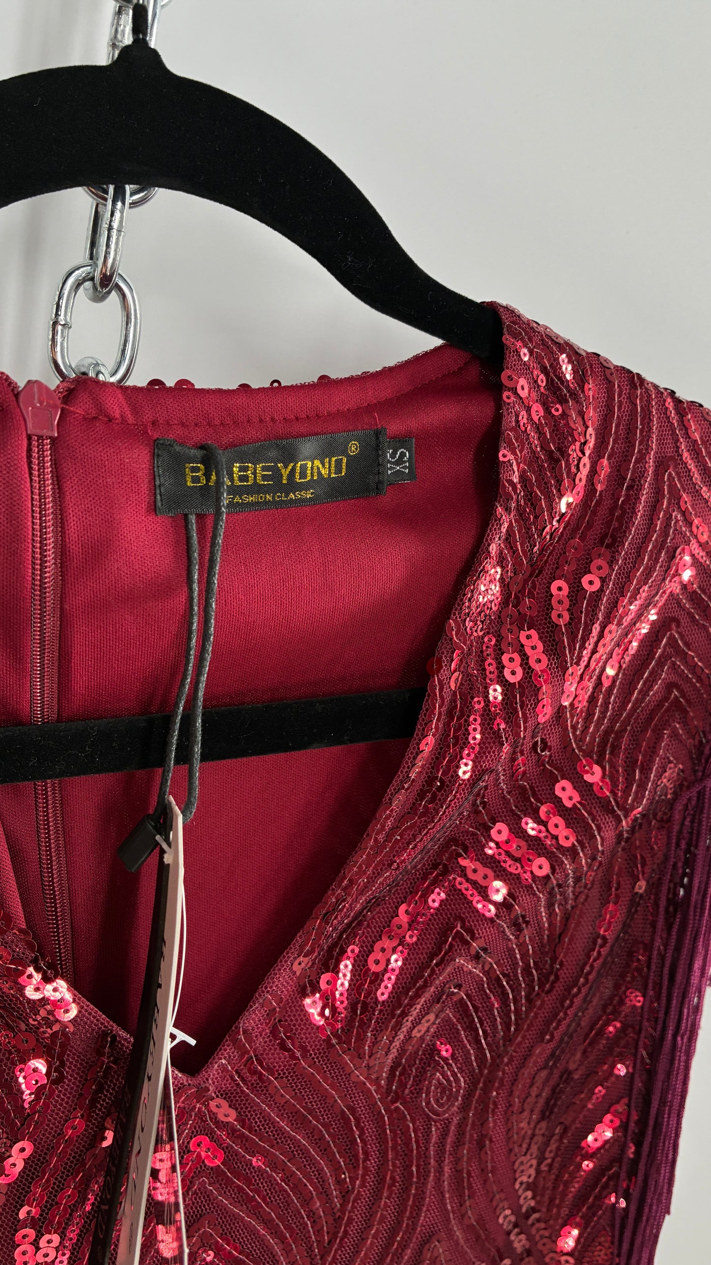 BABEYONO Maroon Sequin Fringe Bodycon Mini Dress (XS)