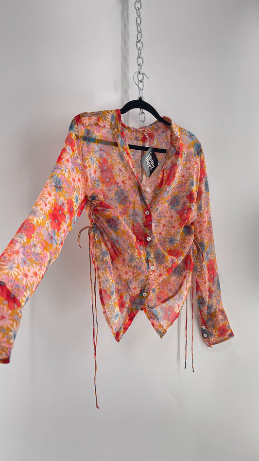 Free People Sheer Orange Floral Button Up with Ruched Sides (XS)