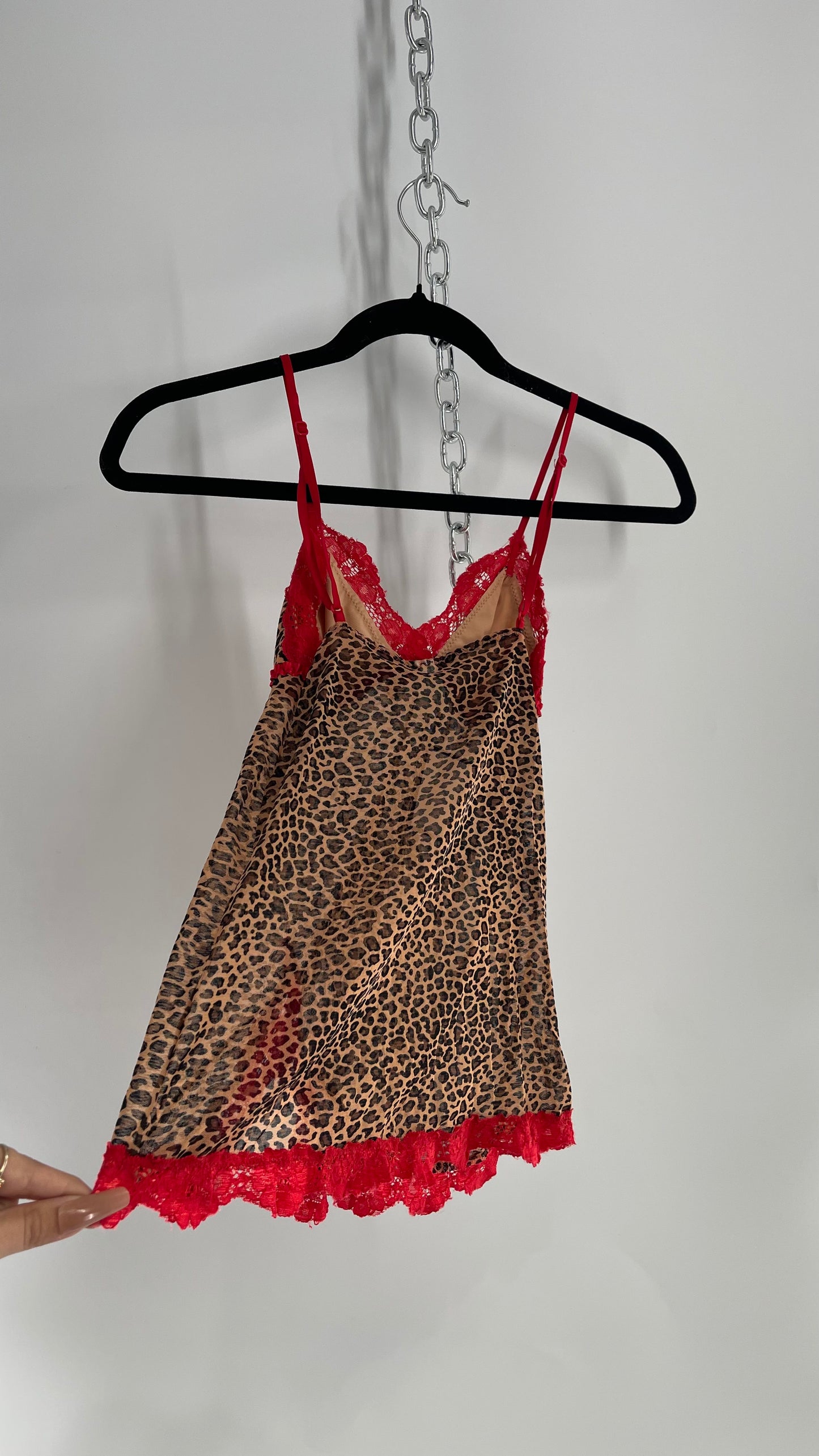 Vintage 1990s Cheetah Printed Babydoll Tank with Red Lace Trim (XS/S)