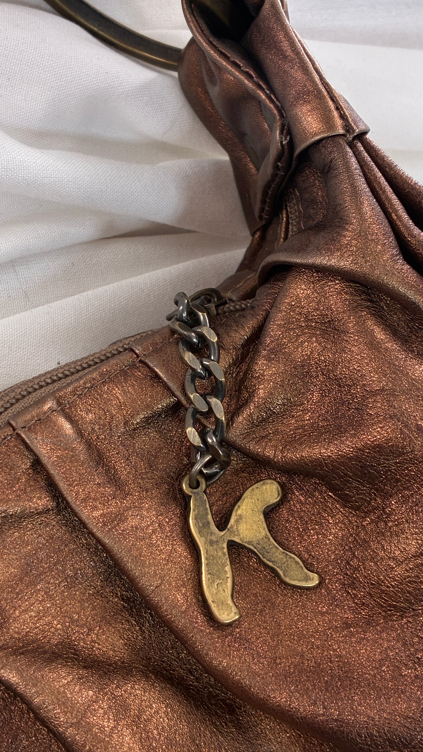 Vintage KARKABA  Metallic Bronze Leather Bag with Exaggerated Beaded Handles