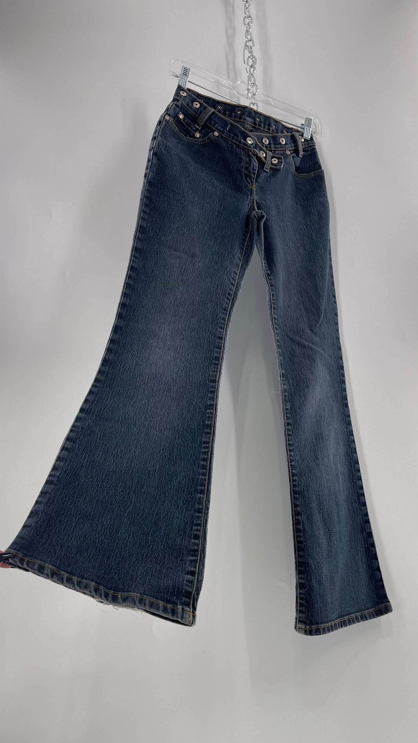 Vintage No Boundaries Grayed Jean Kickflares with Silver Metal Studded Waistline (3)