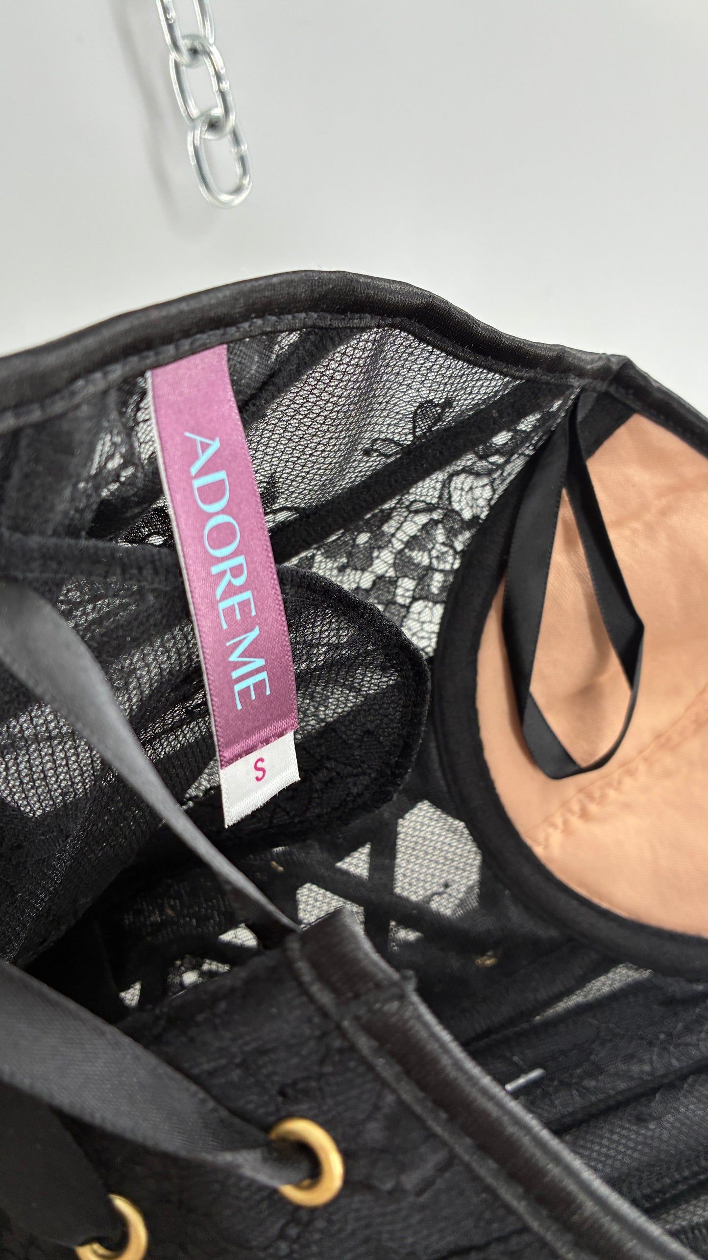 Vintage ADORE ME Lace Up Black Lace Corset with Nude Underlay (Small)