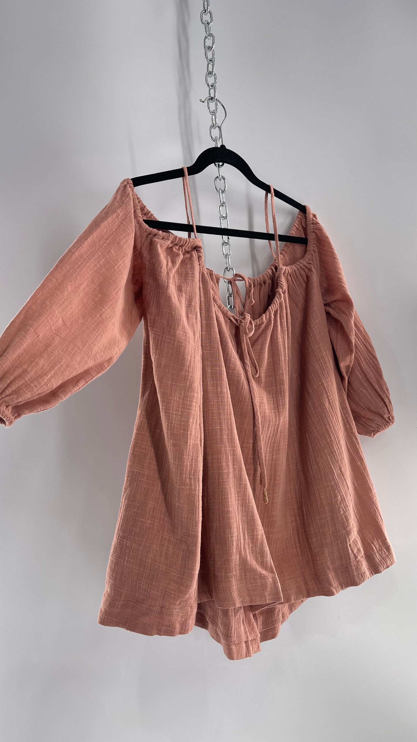 Free People Peachy Pink Coral Off the Shoulder 100% Cotton Voluminous Button Front Blouse (Small)