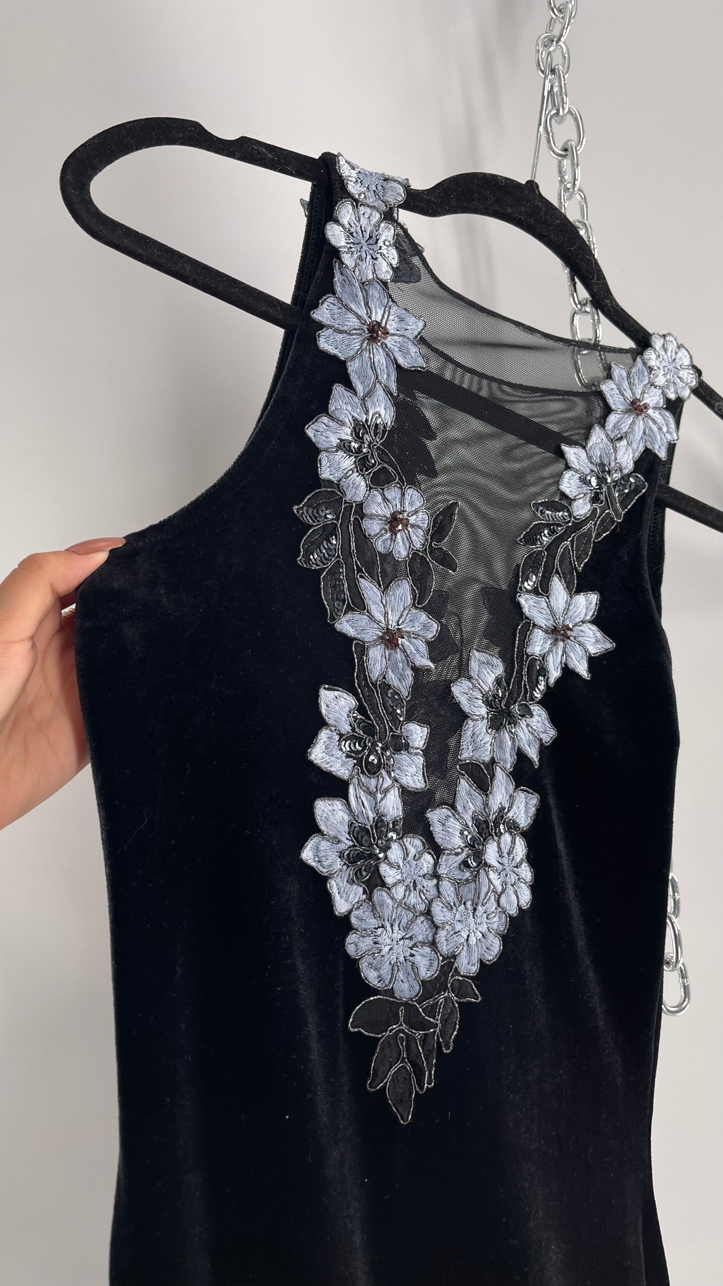 Vintage Jessica McClintock Black Velvet Fit And Flare Gown with Plunging Neckline Covered in Embroidered Beaded Pale Blue Flowers (2)