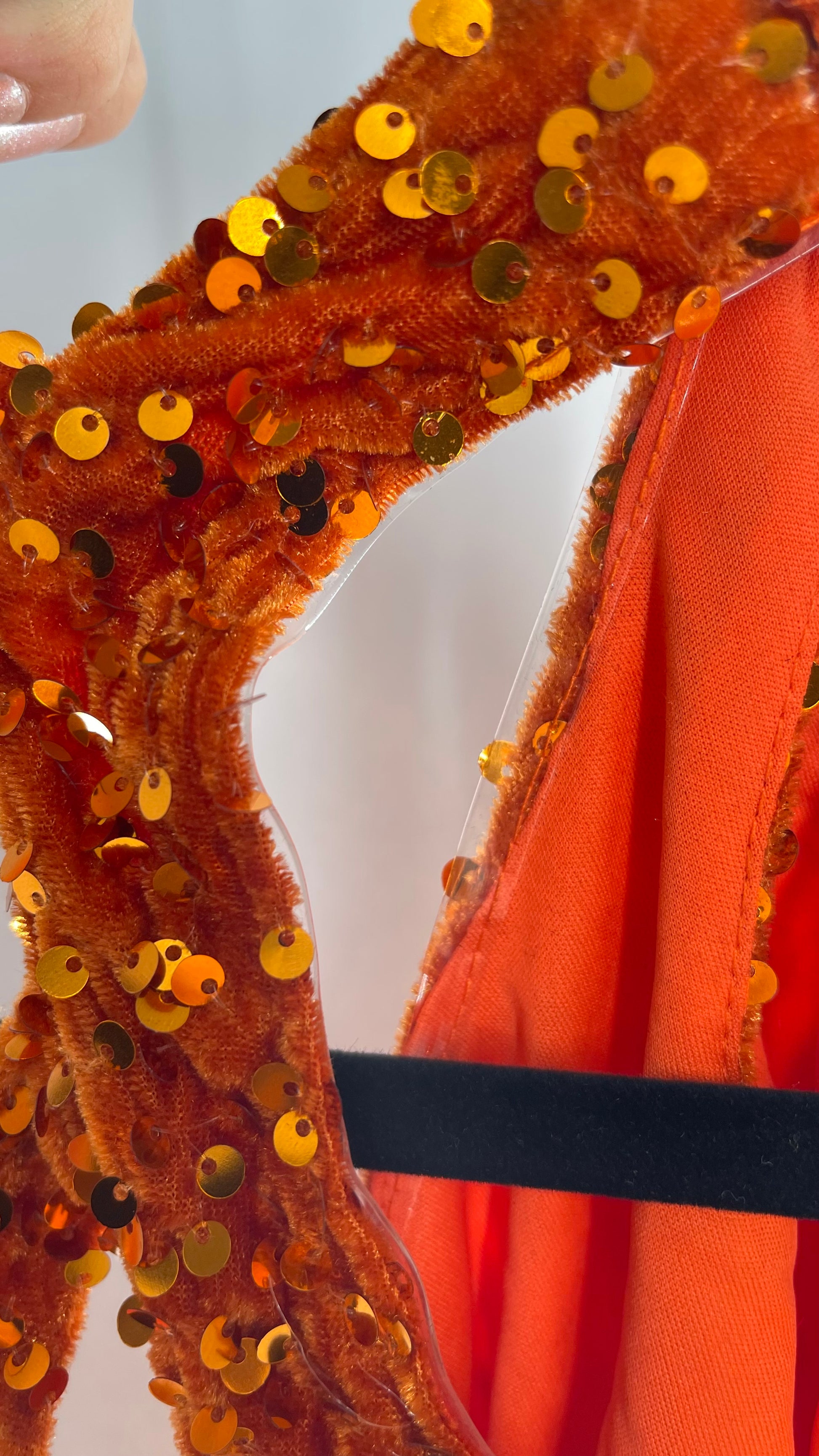 orange sequin mini dress Orange Velvet Sequin Mini Dress with Cut Out Details (XS/S)