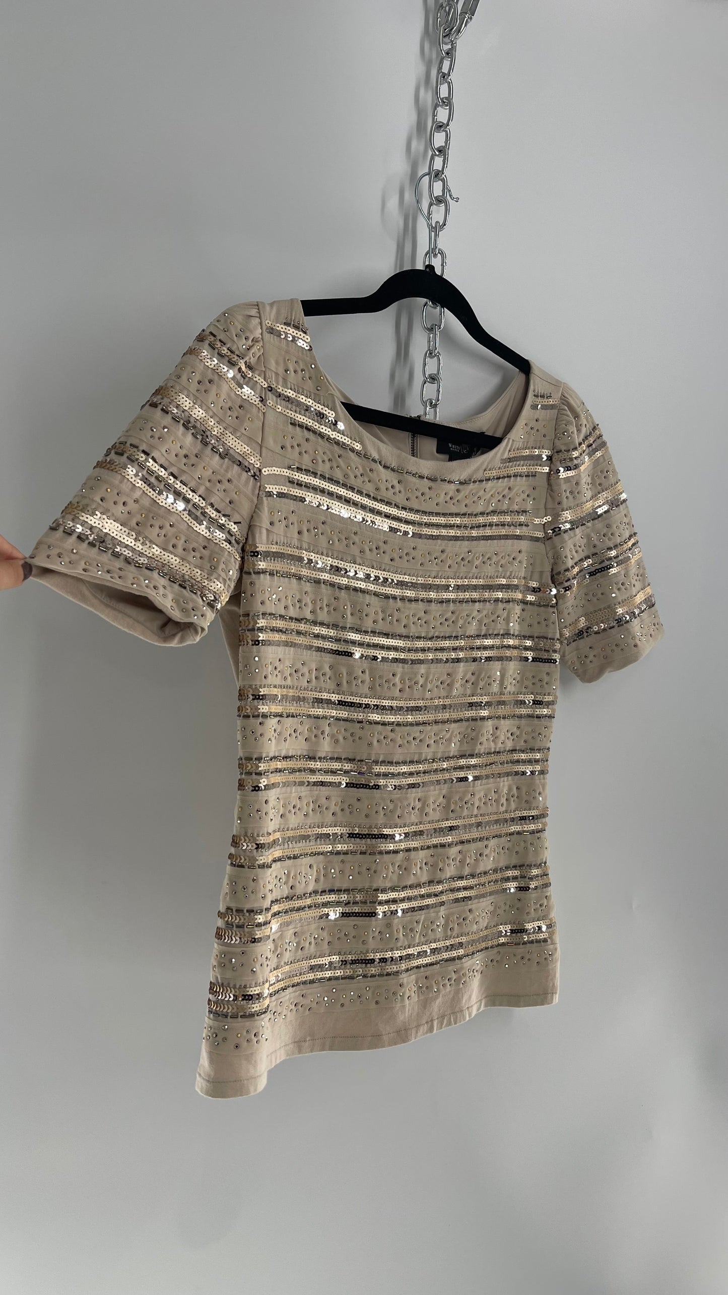 White House| Black Market Bedazzled and Beaded Beige T Shirt (Medium)