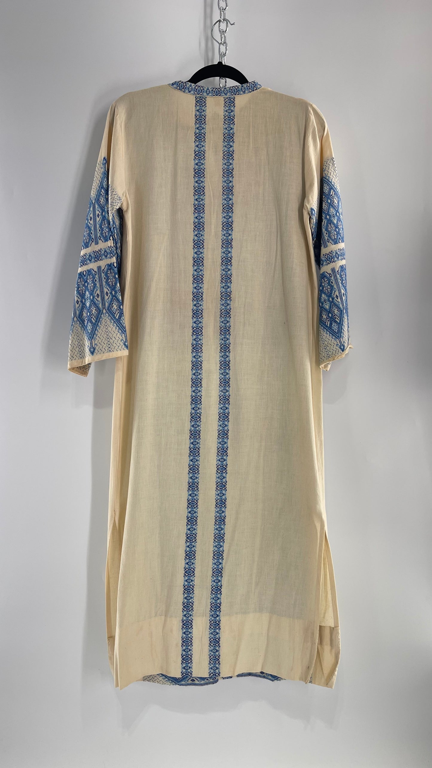 Vintage Pericles 1970s Wool Blend Off White Tunic Gown with Blue Needlepoint Embroidery