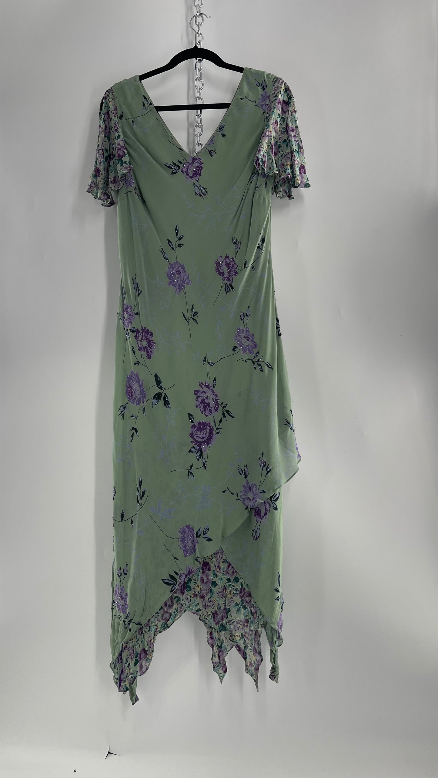 Vintage 1990s EVA BLUE Sage Green  Dress with Purple Beaded Florals and Handkerchief Hem(16)