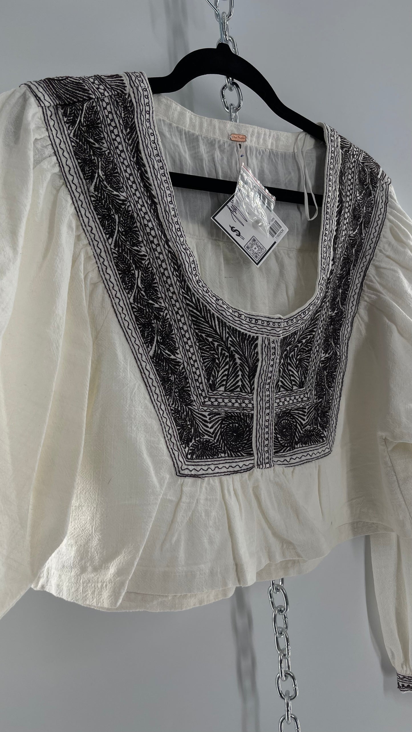 Free People White Thick Cotton Cropped Balloon Sleeve Blouse with Brown Embroidery (XS)