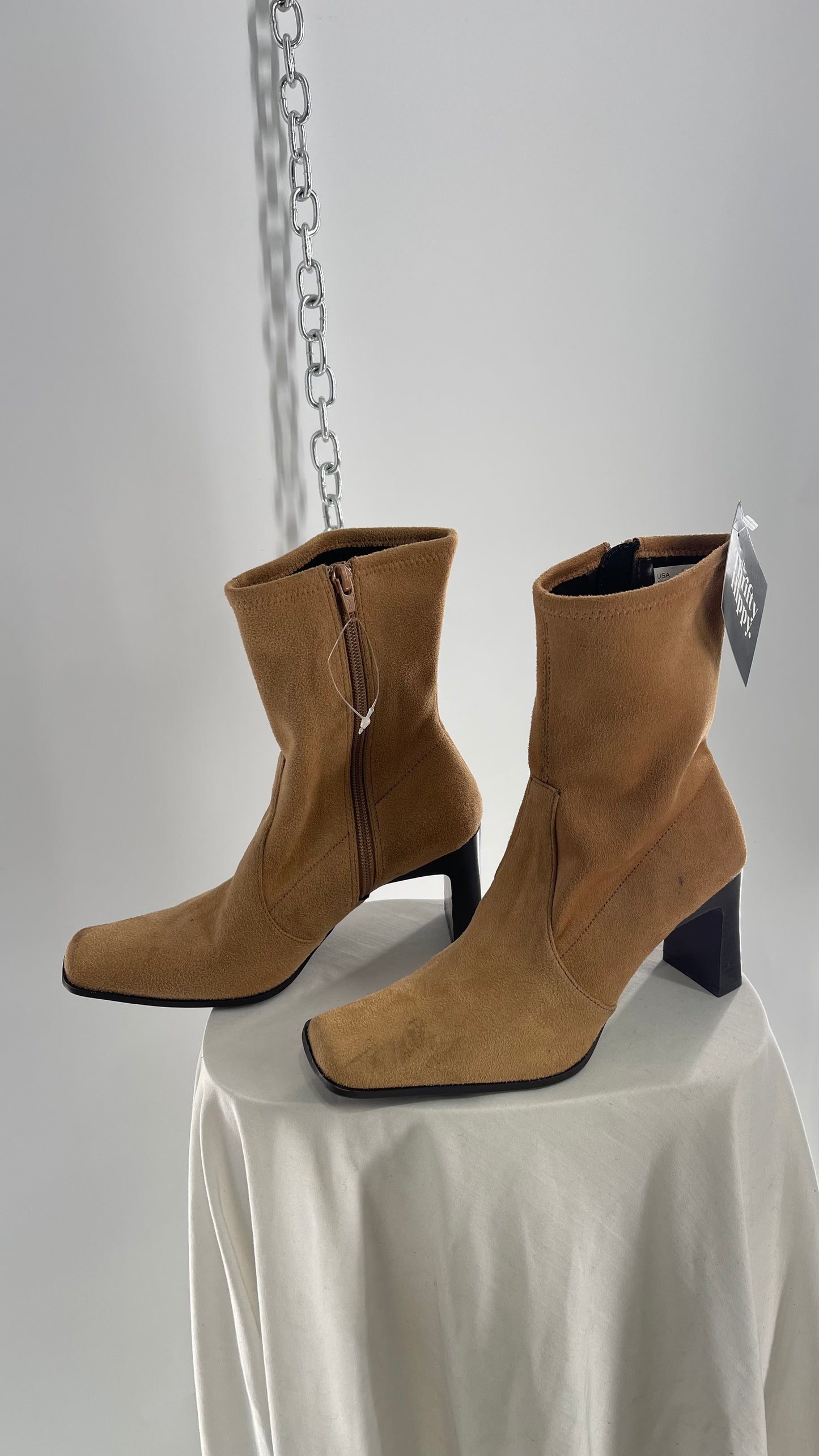 Vintage PREDICTIONS Tan Square Toe Block Heel Booties (6.5)