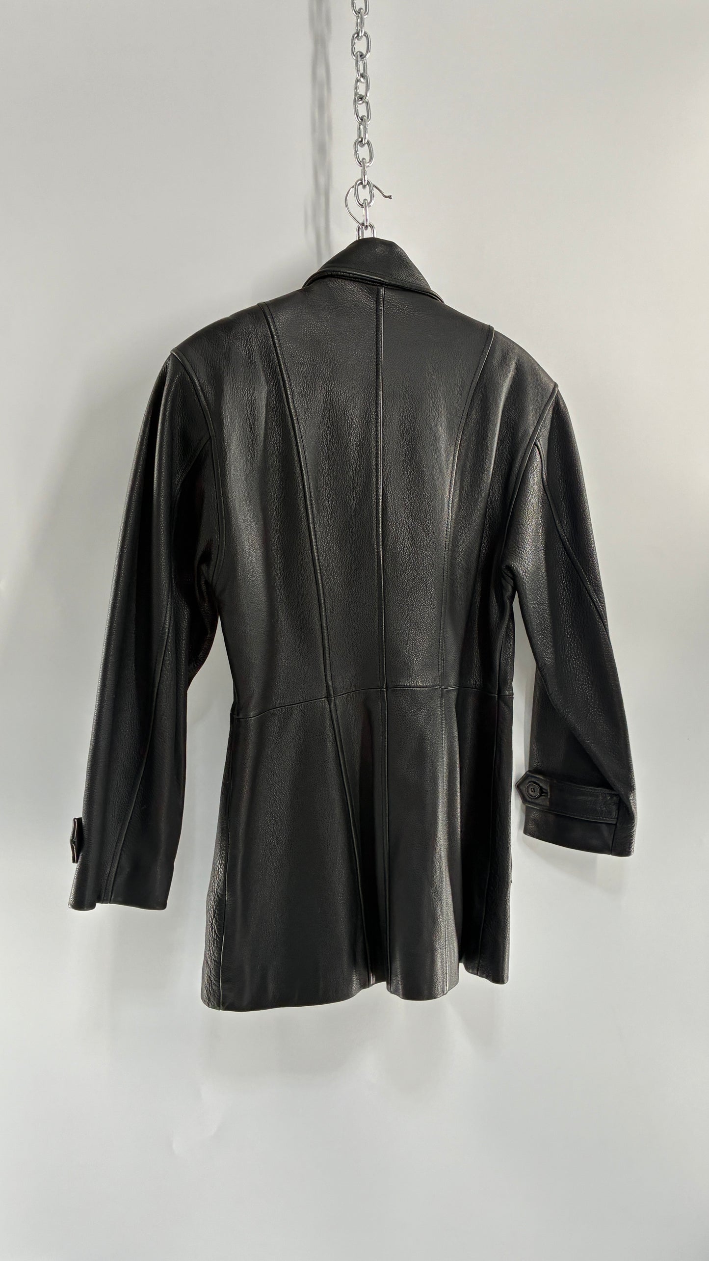 Vintage LUIS ALVEAR Thick Genuine Leather Black Trench Style Jacket (XS)