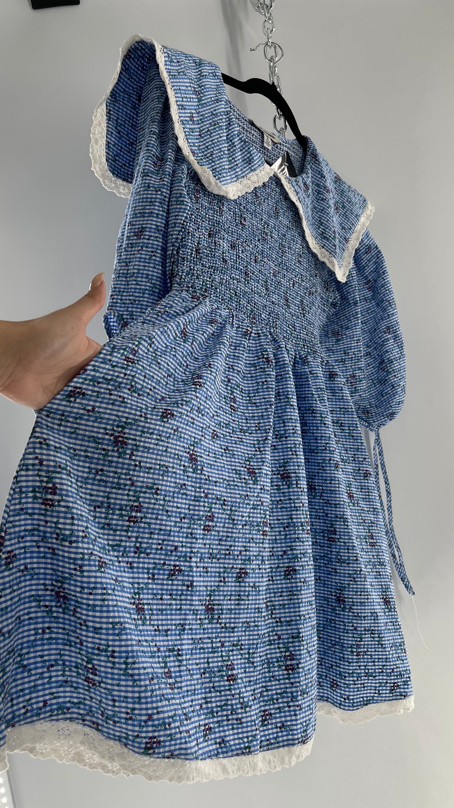 Urban Outfitters Blue Gingham Babydoll Dress with Lace Trim Collar and Smocked Bodice (Medium)