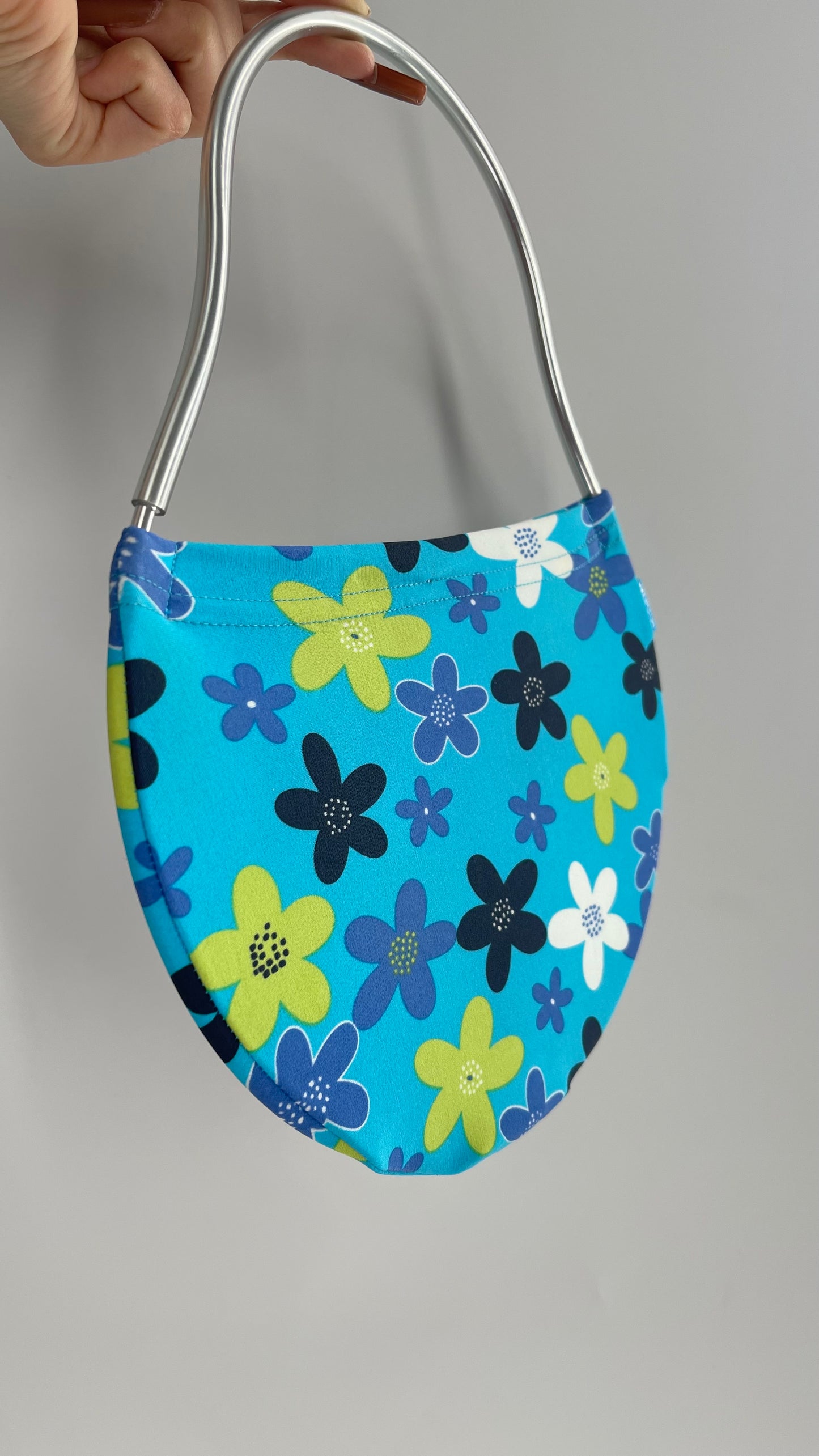 Vintage VALDESIGN Half Circle Blue Floral 2D Hand Bag with Metal Abstract Handbag