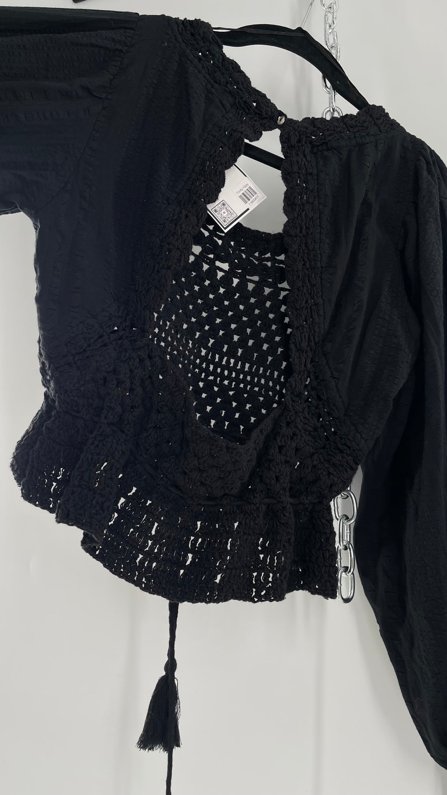 Free People Black ‘Megan’ Woven Macrame Crochet Cropped Blouse with Balloon Sleeves and Flared Cuffs (XS)