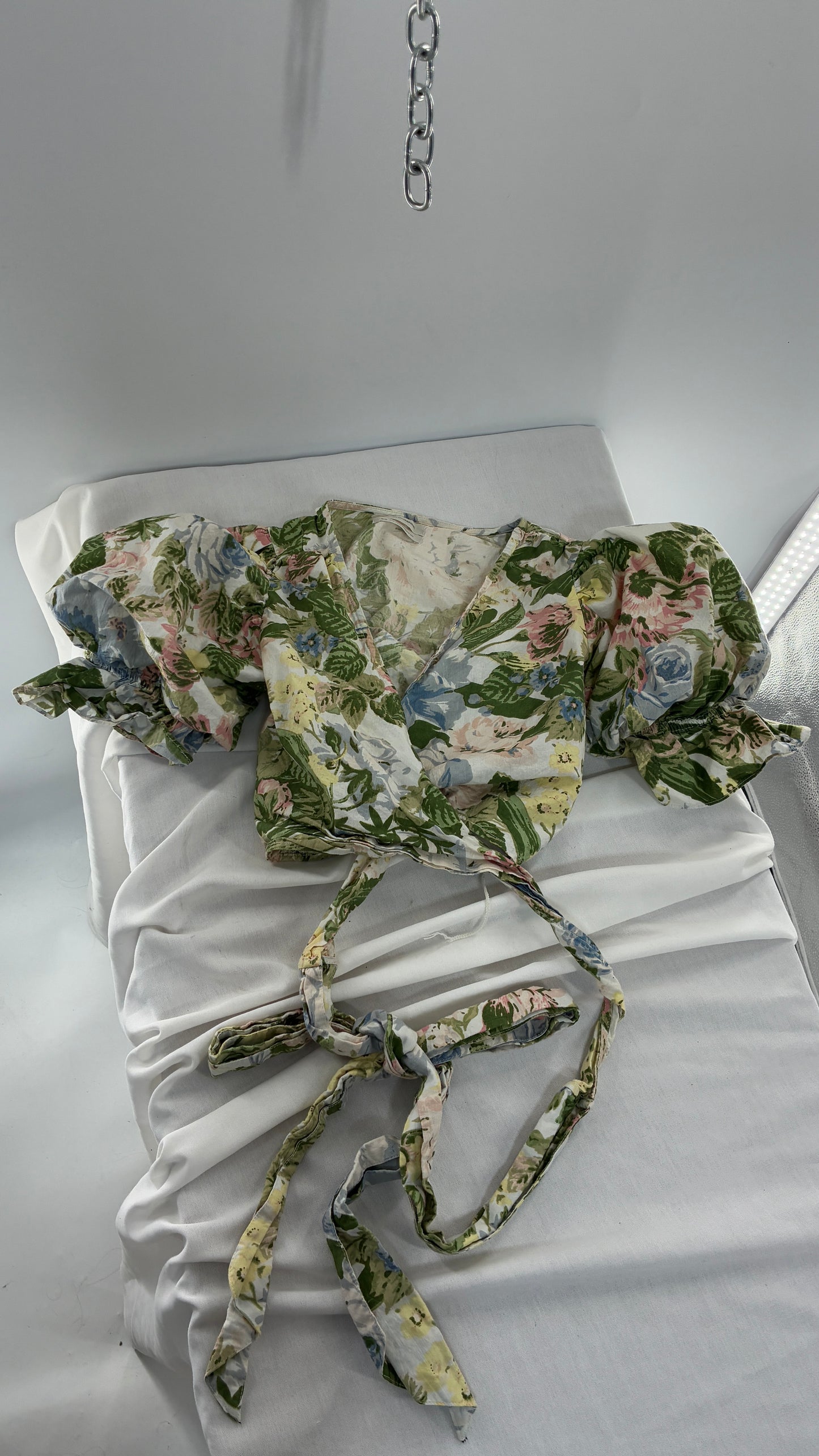 Urban Outfitters Pastel Florals Tie Around Crop with Exaggerated Puff Sleeves  (Medium)