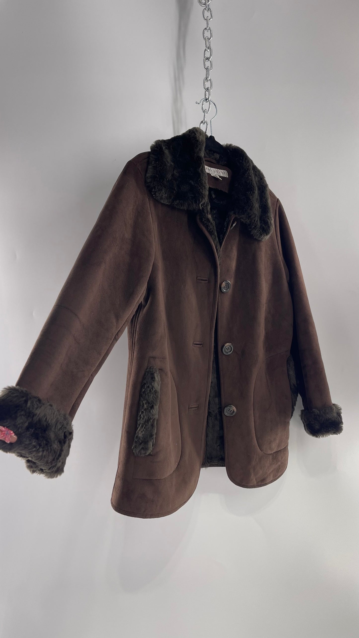 Vintage Brown Faux Suede Jacket with Faux Fur Cuffs and Collar (XS)