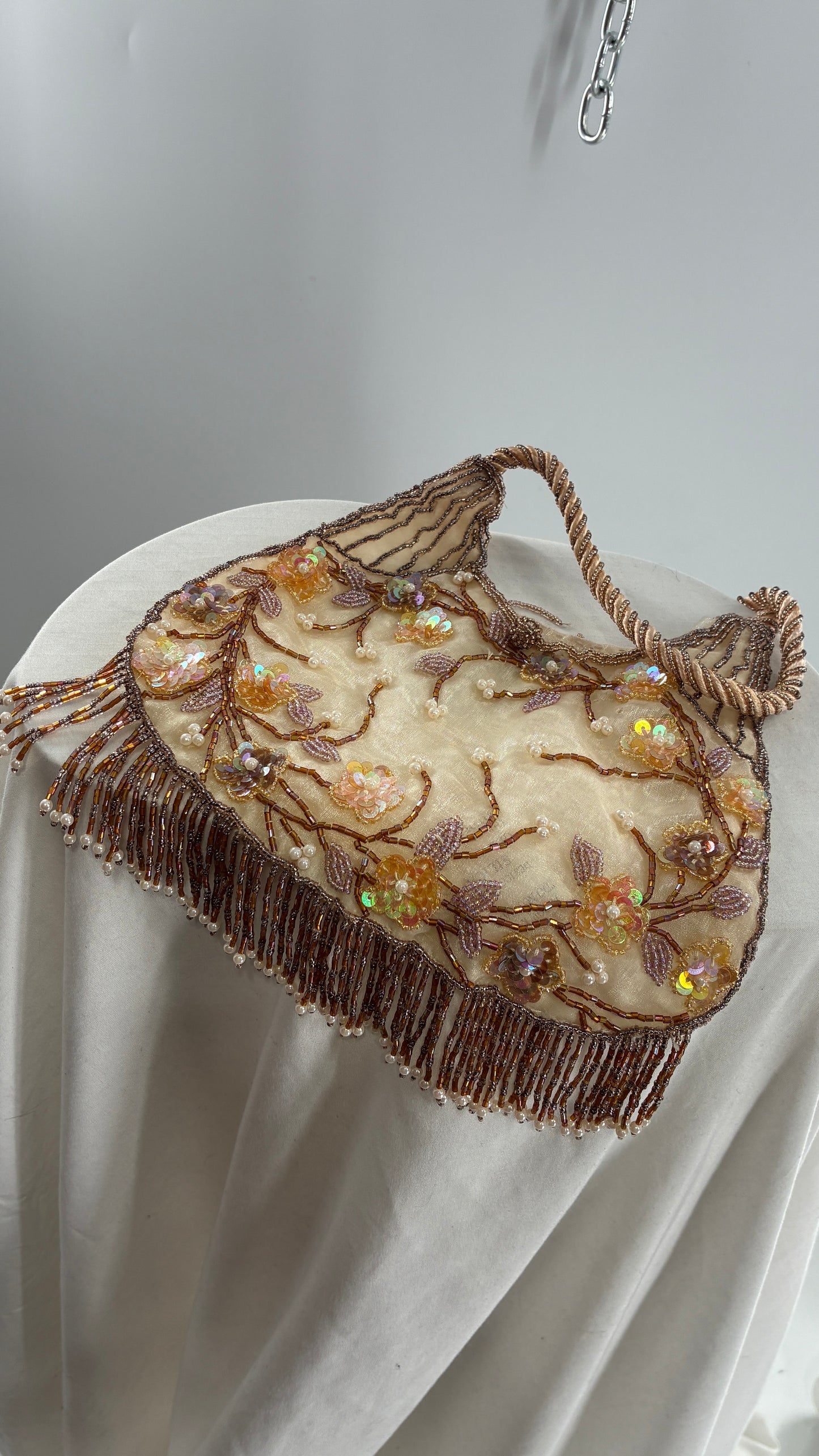 Vintage Deadstock Beige Beaded Fringe Purse with Embroidered Beaded Florals