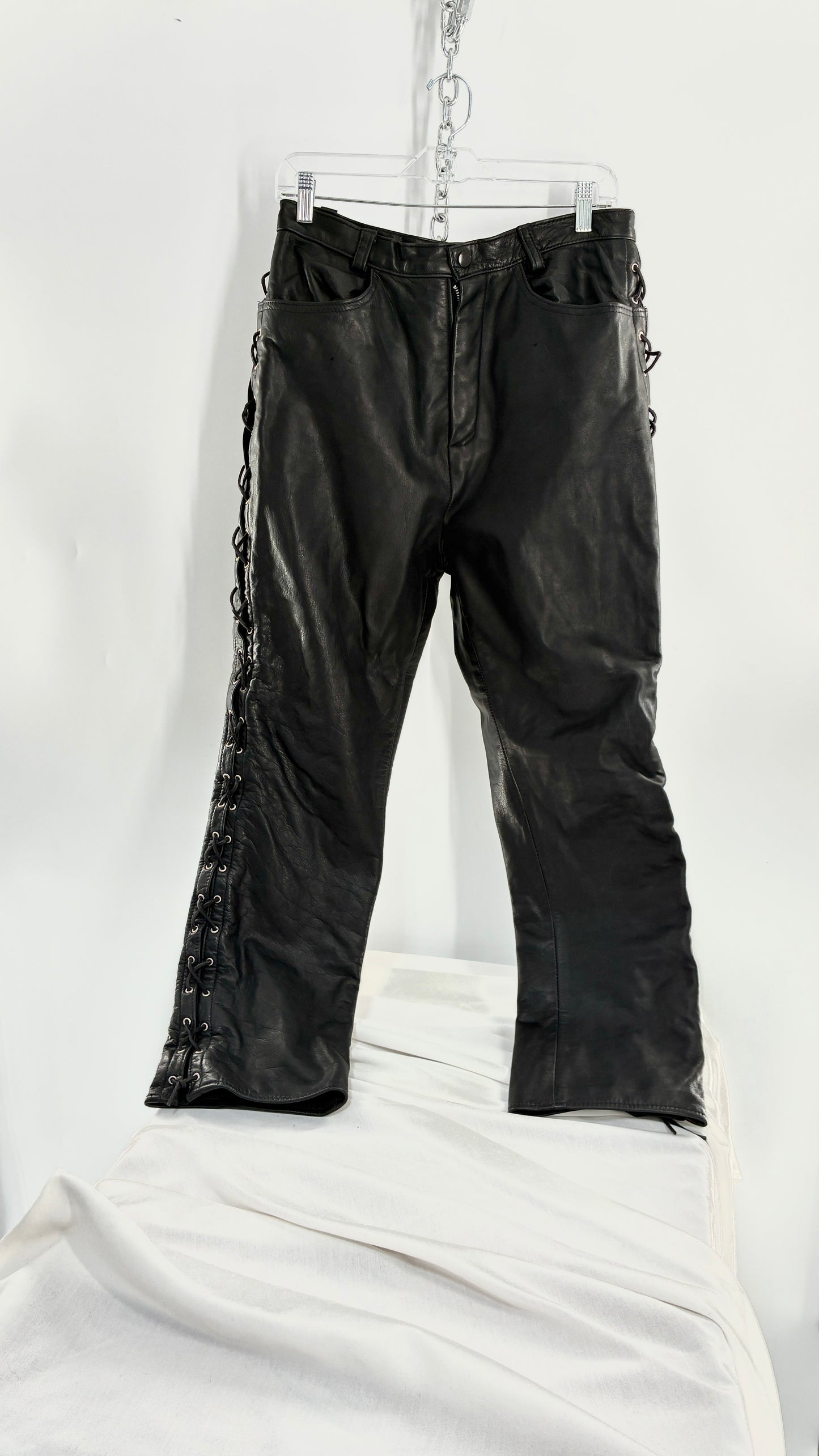 Vintage Thick Ultra Soft Black Leather Pants with Tie Up Sides (Medium)