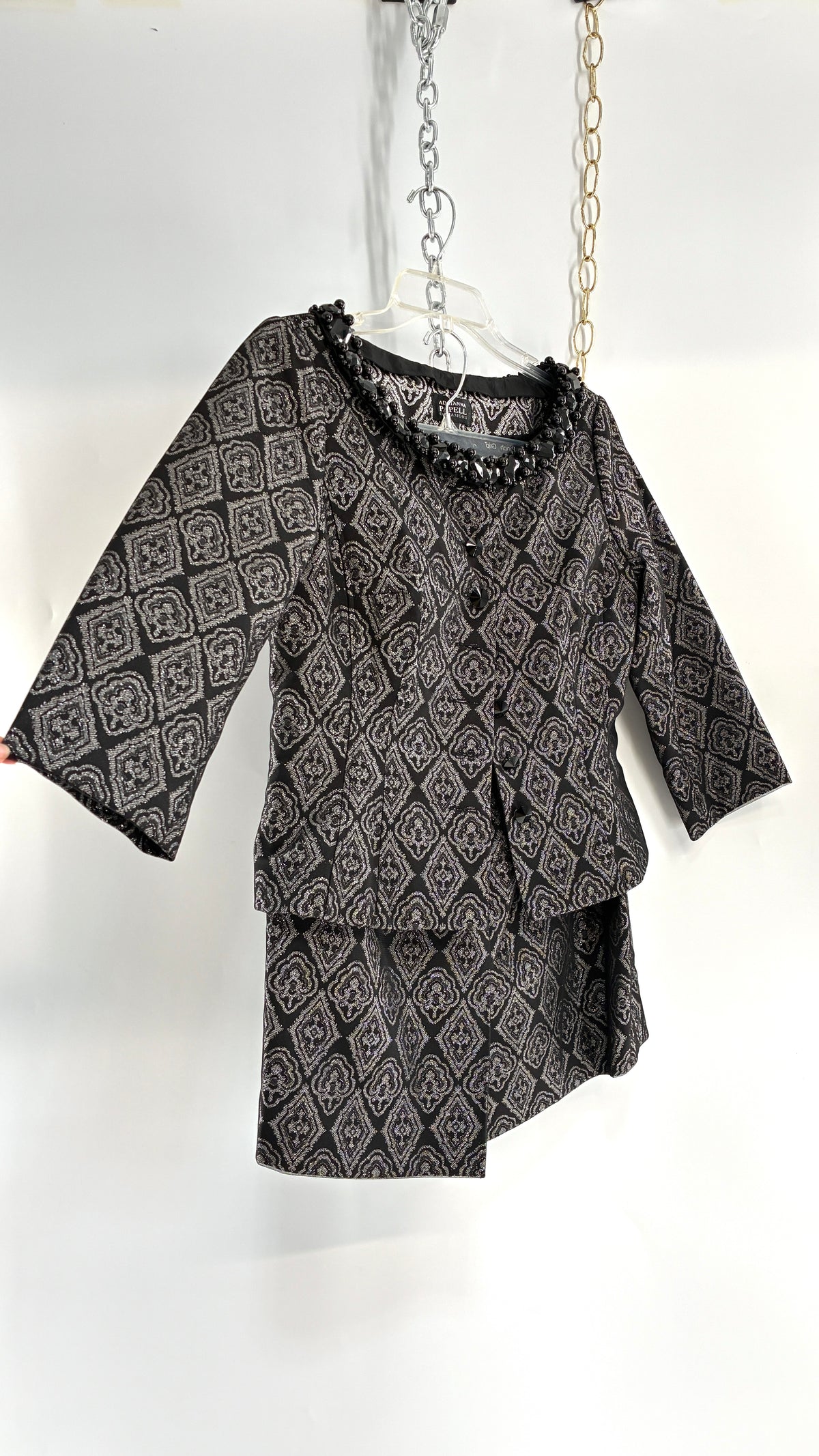 Vintage ADRIANNA PAPPELL Set with Brocade Underlay, Black Mesh Overlay, Waist Snatch, and Mini Skirt (10,8)
