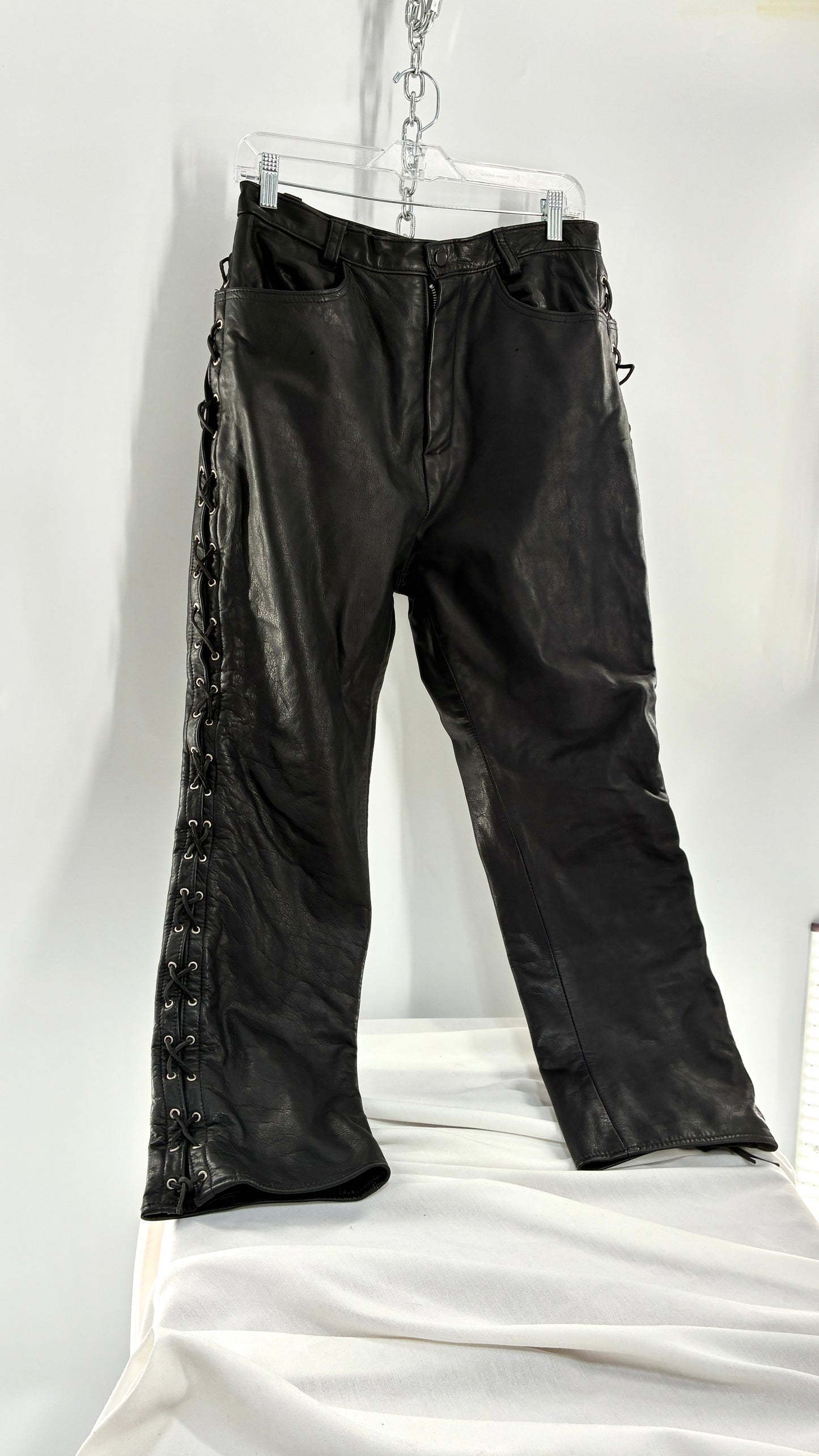 Vintage Thick Ultra Soft Black Leather Pants with Tie Up Sides (Medium)