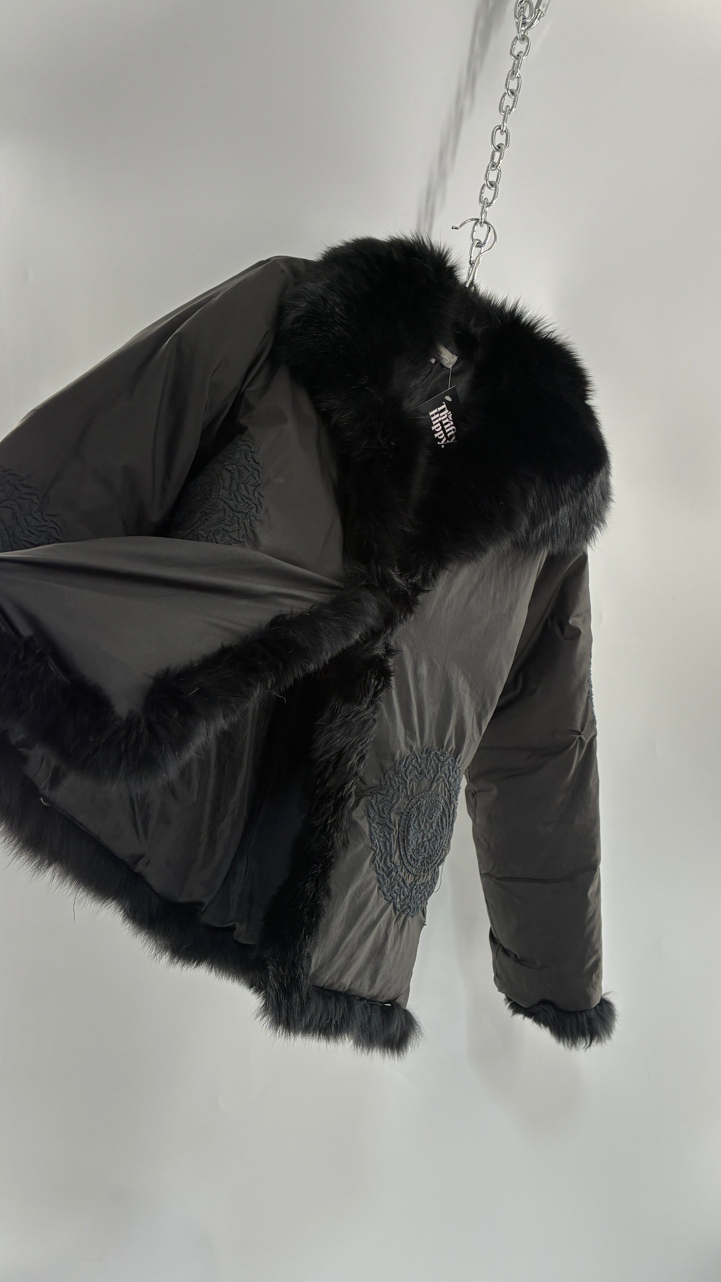 Vintage Gi & JO Black Down and Feather Puffer Jacket with Exaggerated Genuine Rabbit Fur Trim and Mandala Embroidery (Medium)