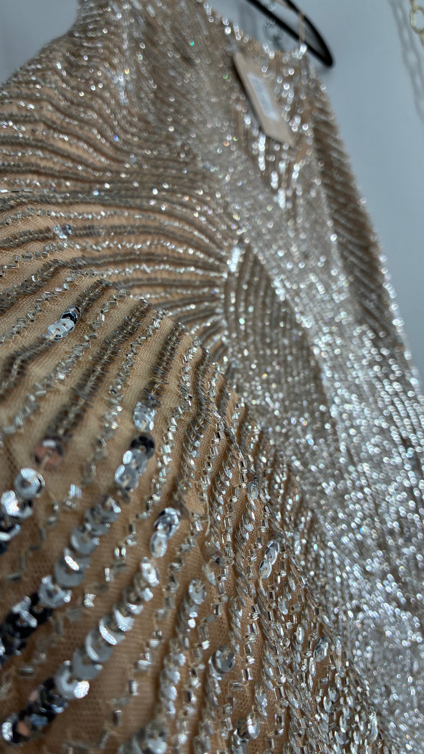 MESHKI Tierra Nude Full Length Dress with Silver Sequins with Tags Attached (XXXL)