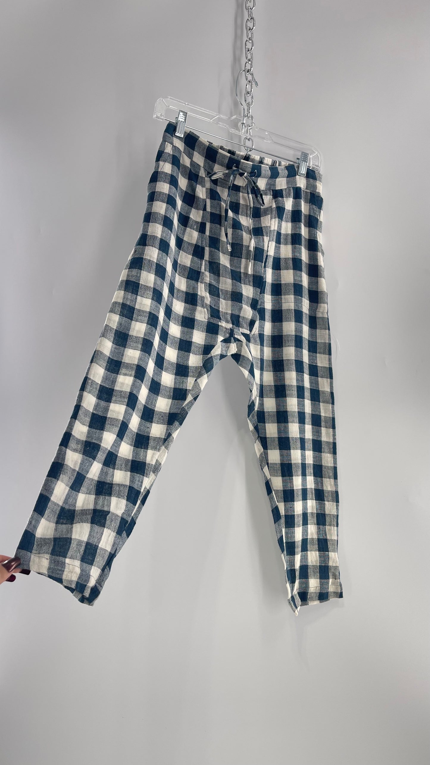FAIRCLOTH Gingham Checkered White and Blue Linen/Cotton Cropped Drop Crotch (Small)