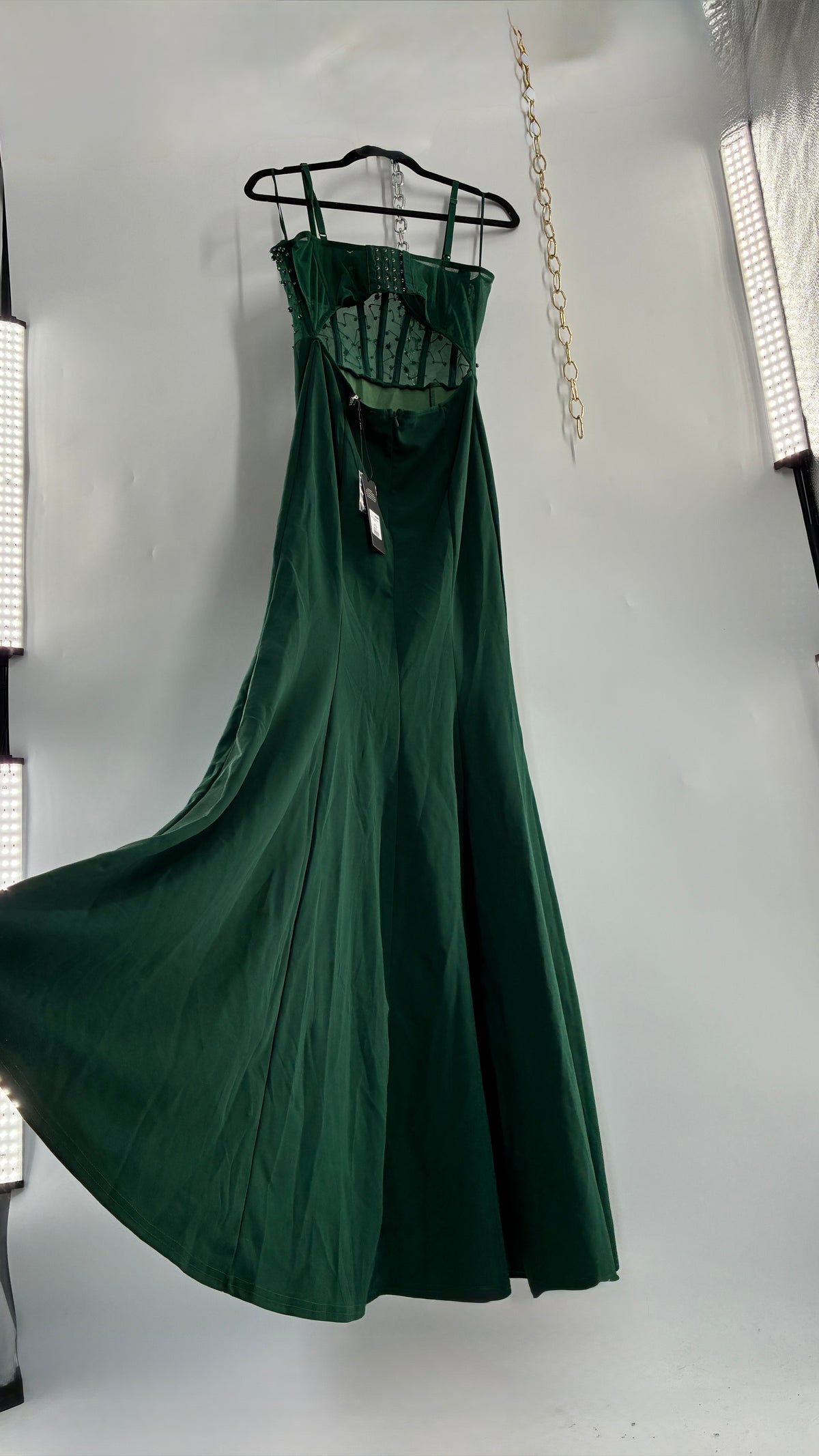 WINDSOR Green Backless Gown with Beaded Corset, Thigh Slit, and Tags Attached (Large)