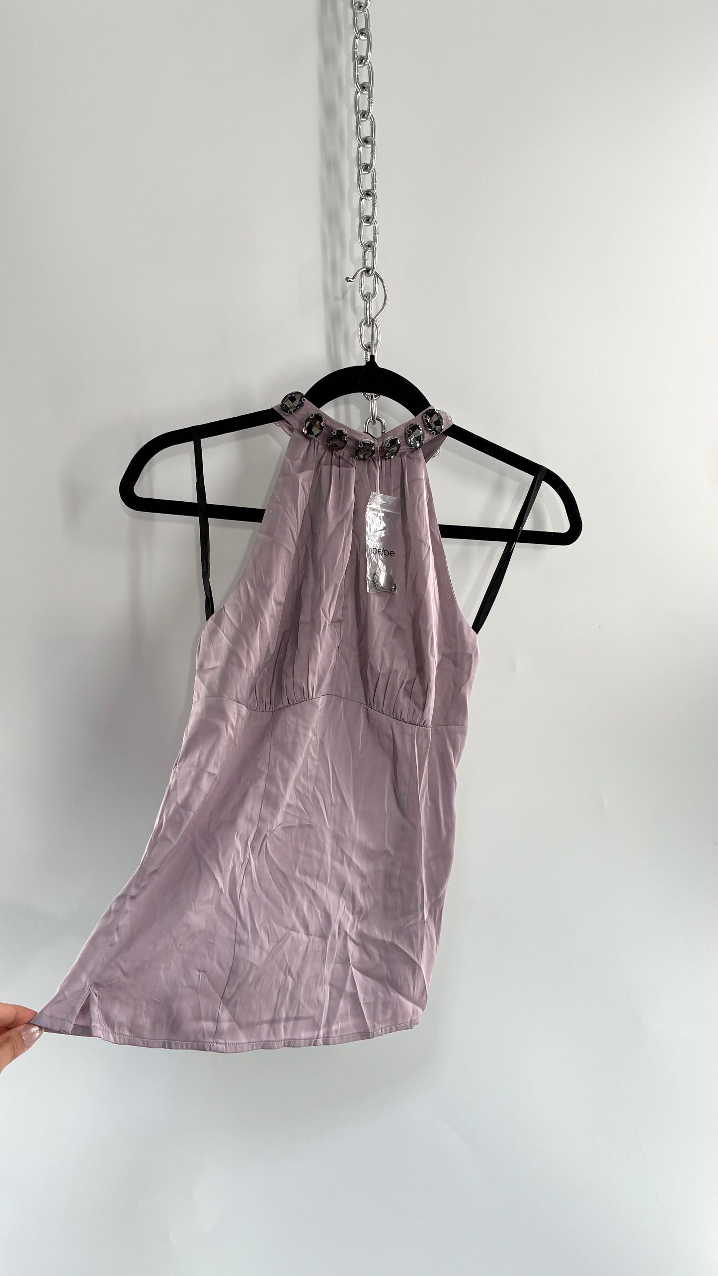 Deadstock Vintage BEBE Silky Dusty Purple Halter with Oversized Rhinestone Choker (XS)