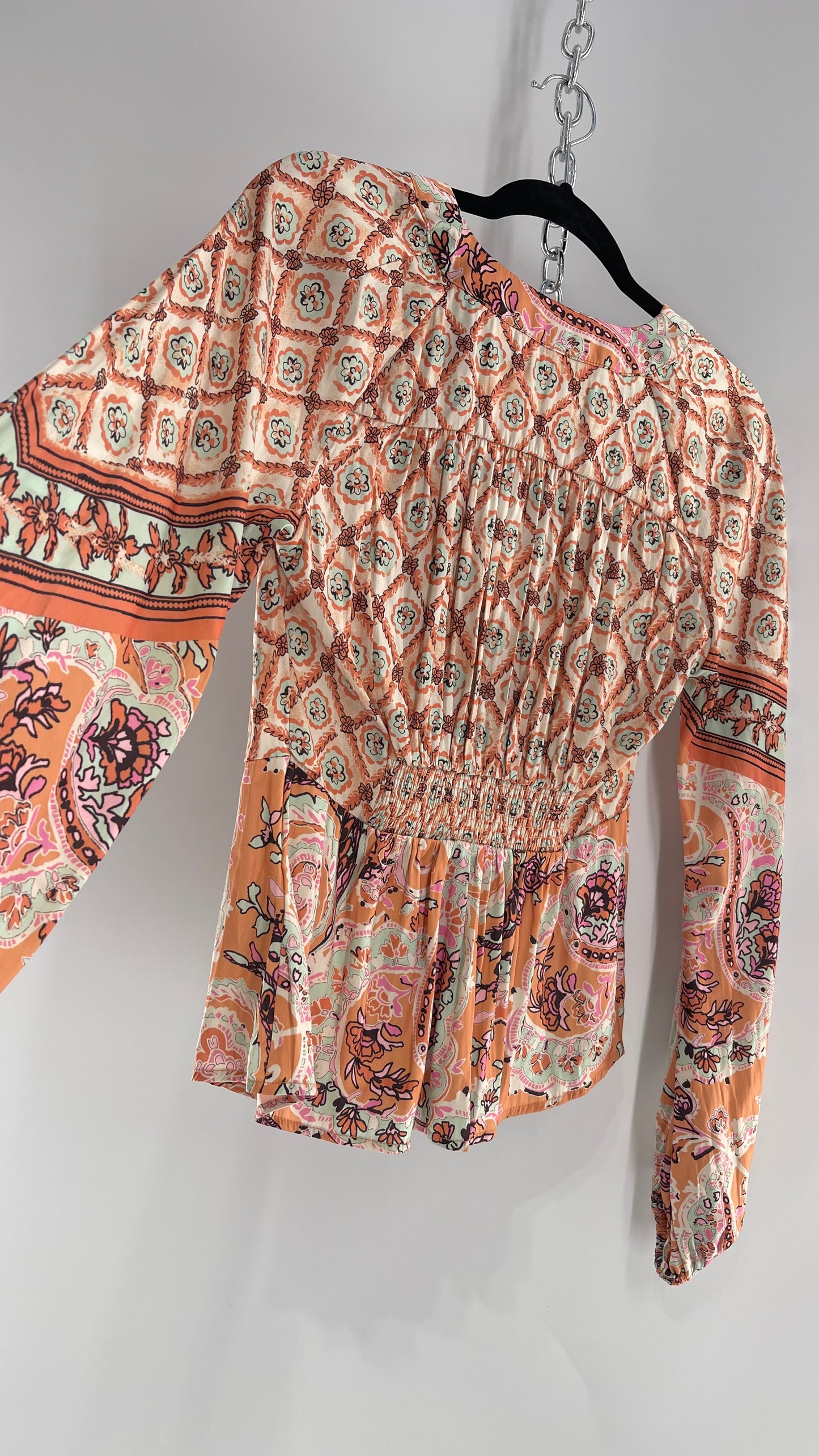 Free People Orange Pastels Paisley Blouse with Bust Tie and Balloon Sleeves (XS)