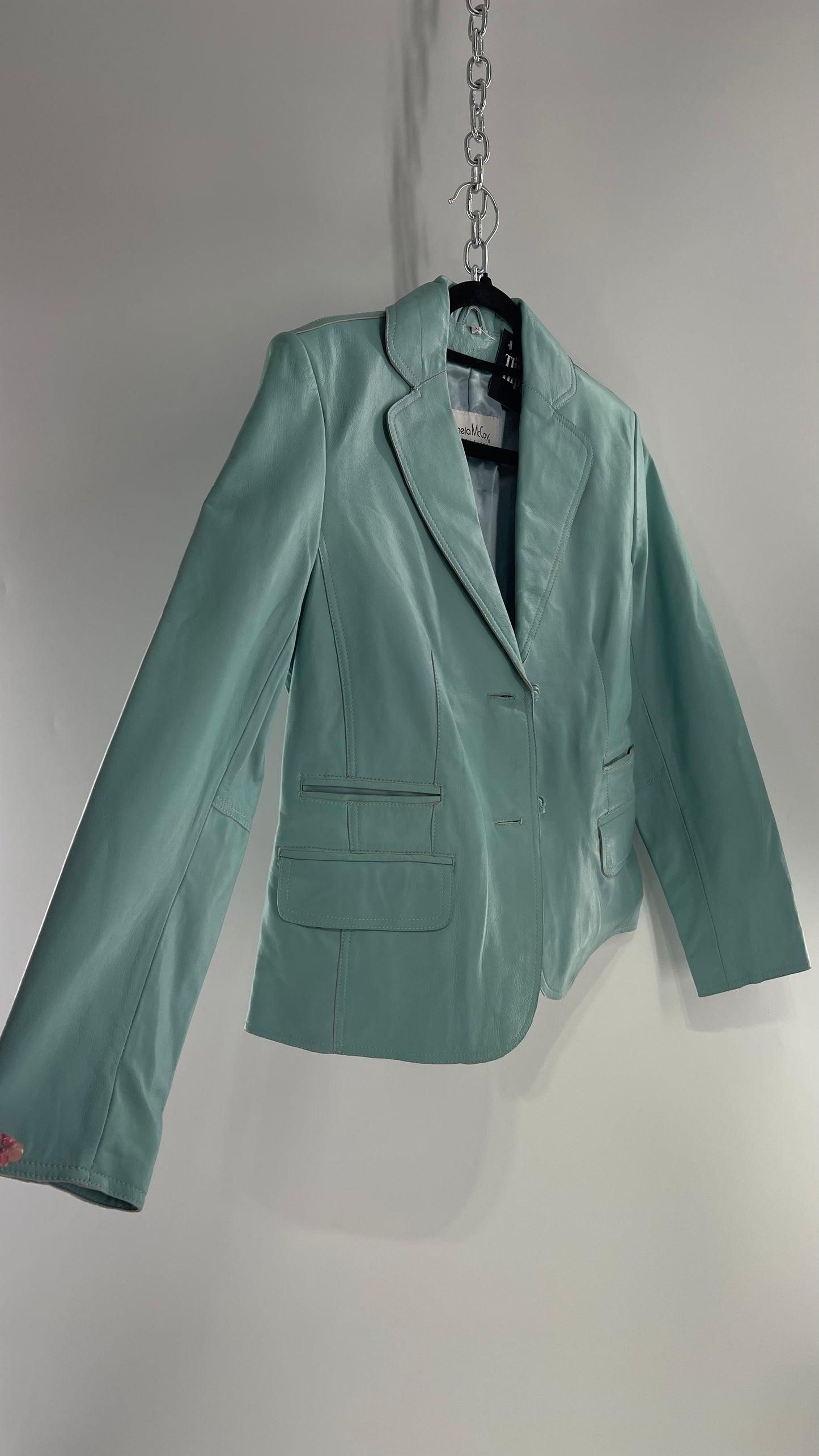 Vintage 1990s Pamela McCoy Eggshell/Tiffany Blue Leather Blazer Jacket (XS)