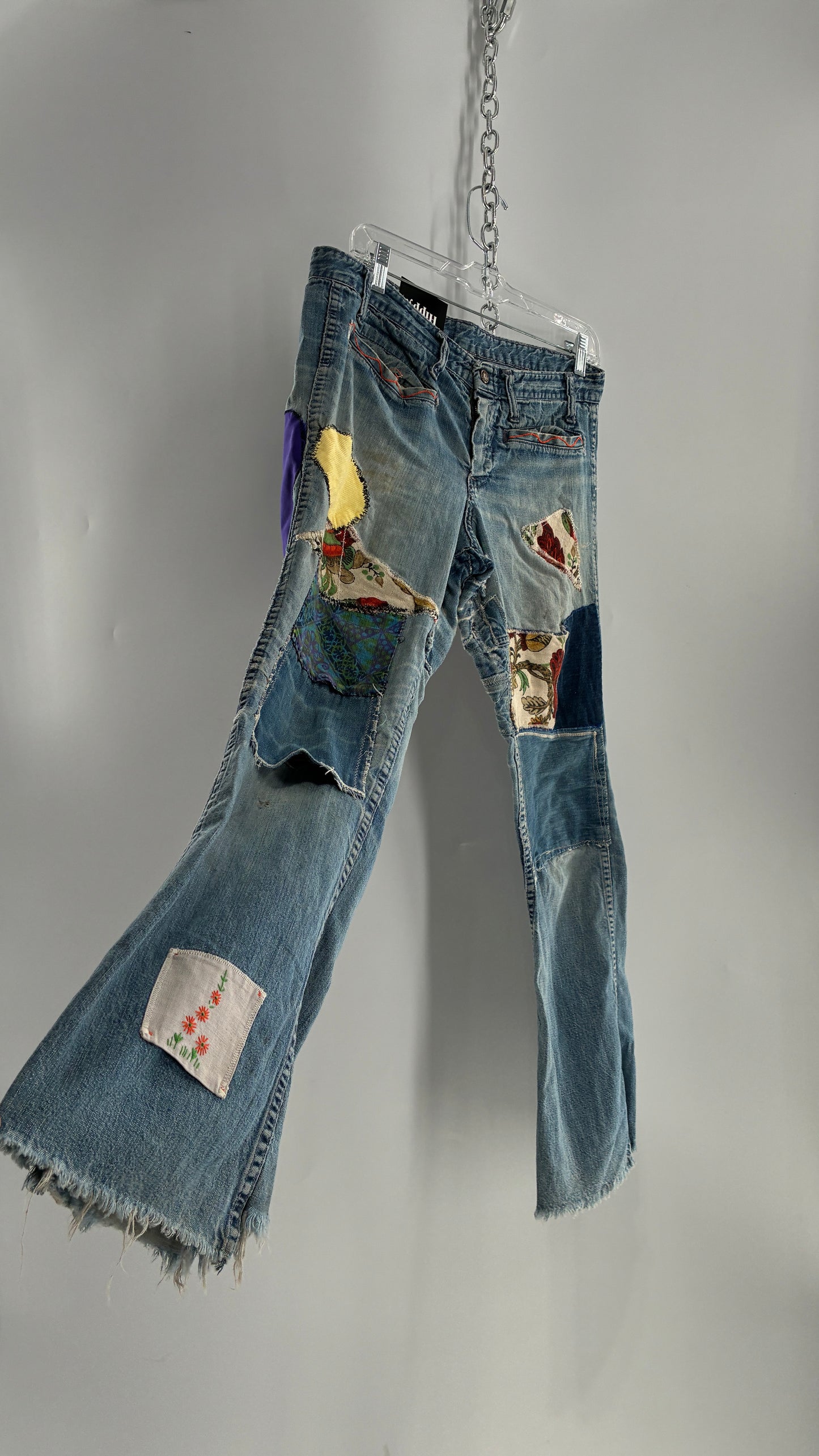 Vintage Rare 1970s Light Wash, Low Rise Boot Cut Jeans with Hand Stitched Tapestry Style Patches and Purple Heart on Bum (Measurements Below)