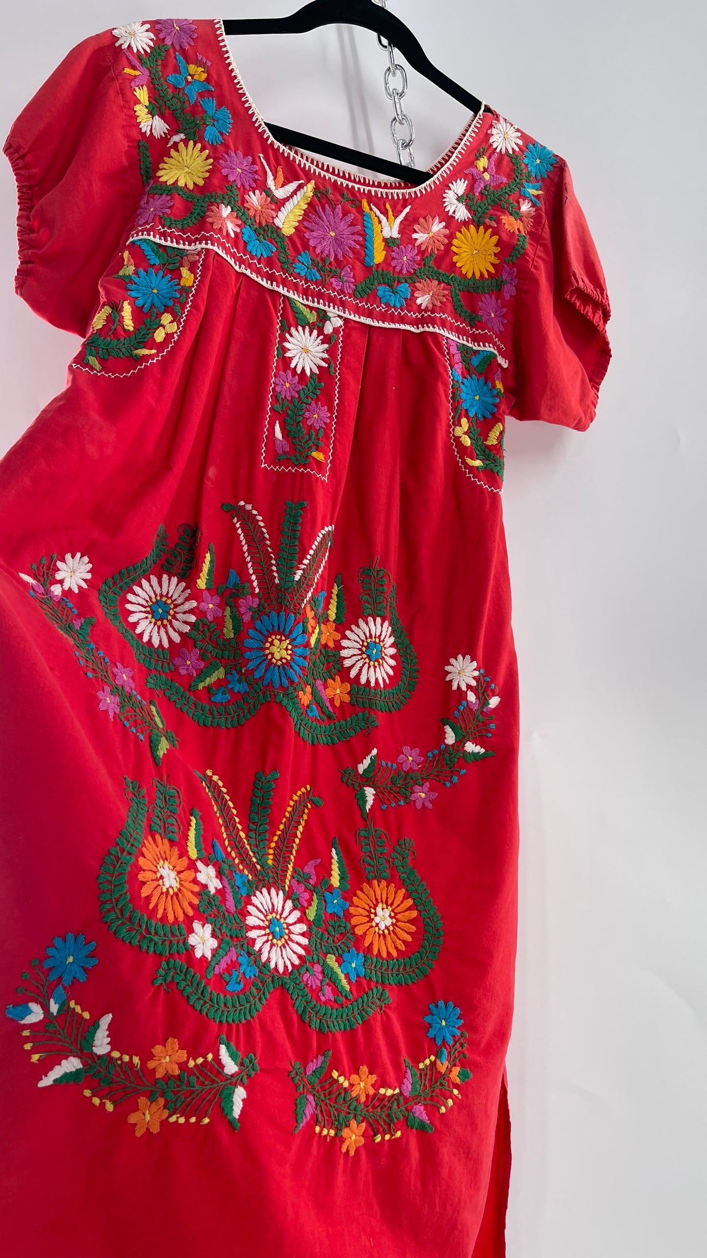 Vintage 1970s Red Cotton Dress with Hand Embroidered Florals Imported from Mexico (Small)