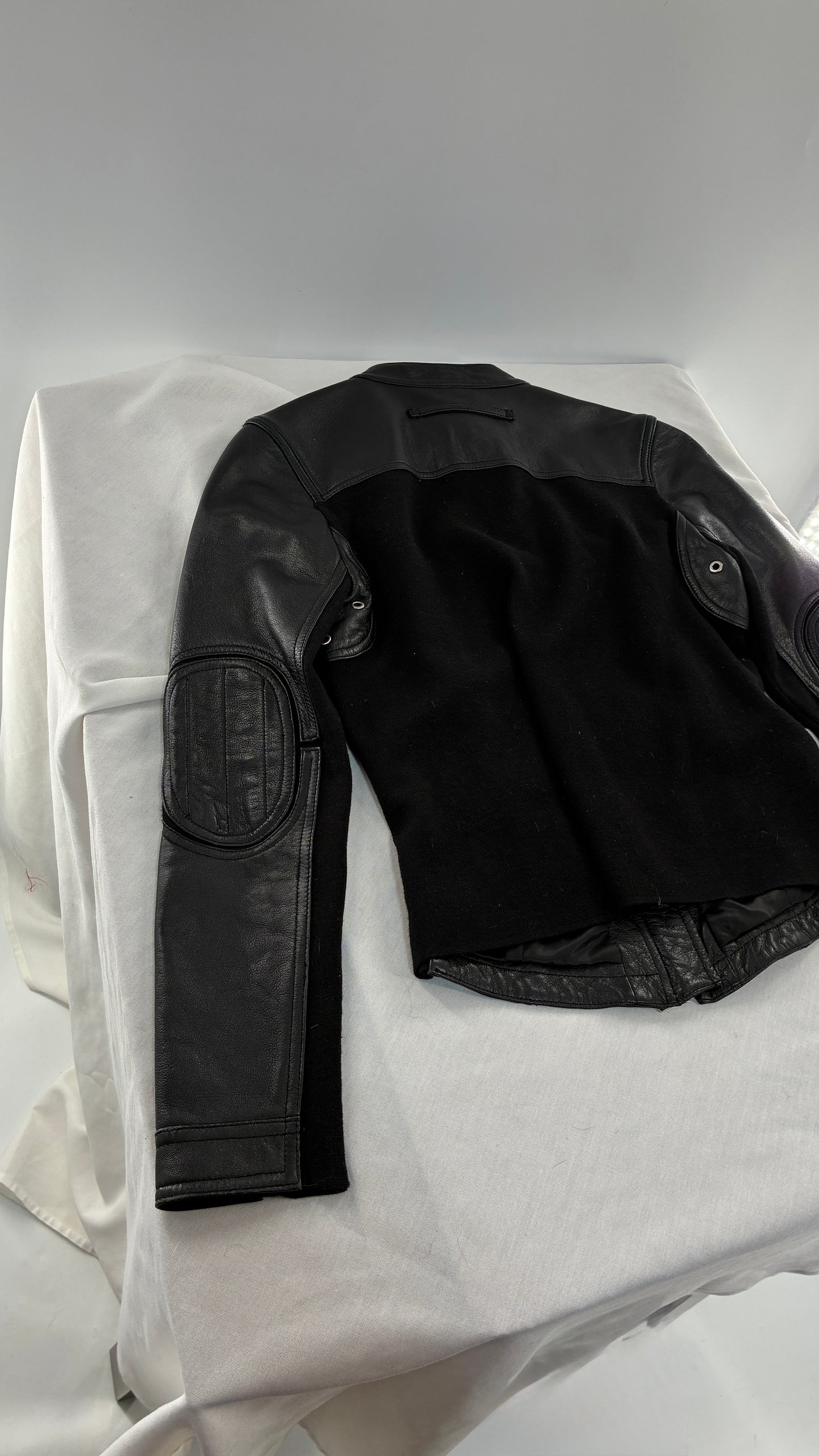 Vintage INC Black Genuine Leather and Wool Blend Paneled Patch Motorcycle Jacket (Medium)