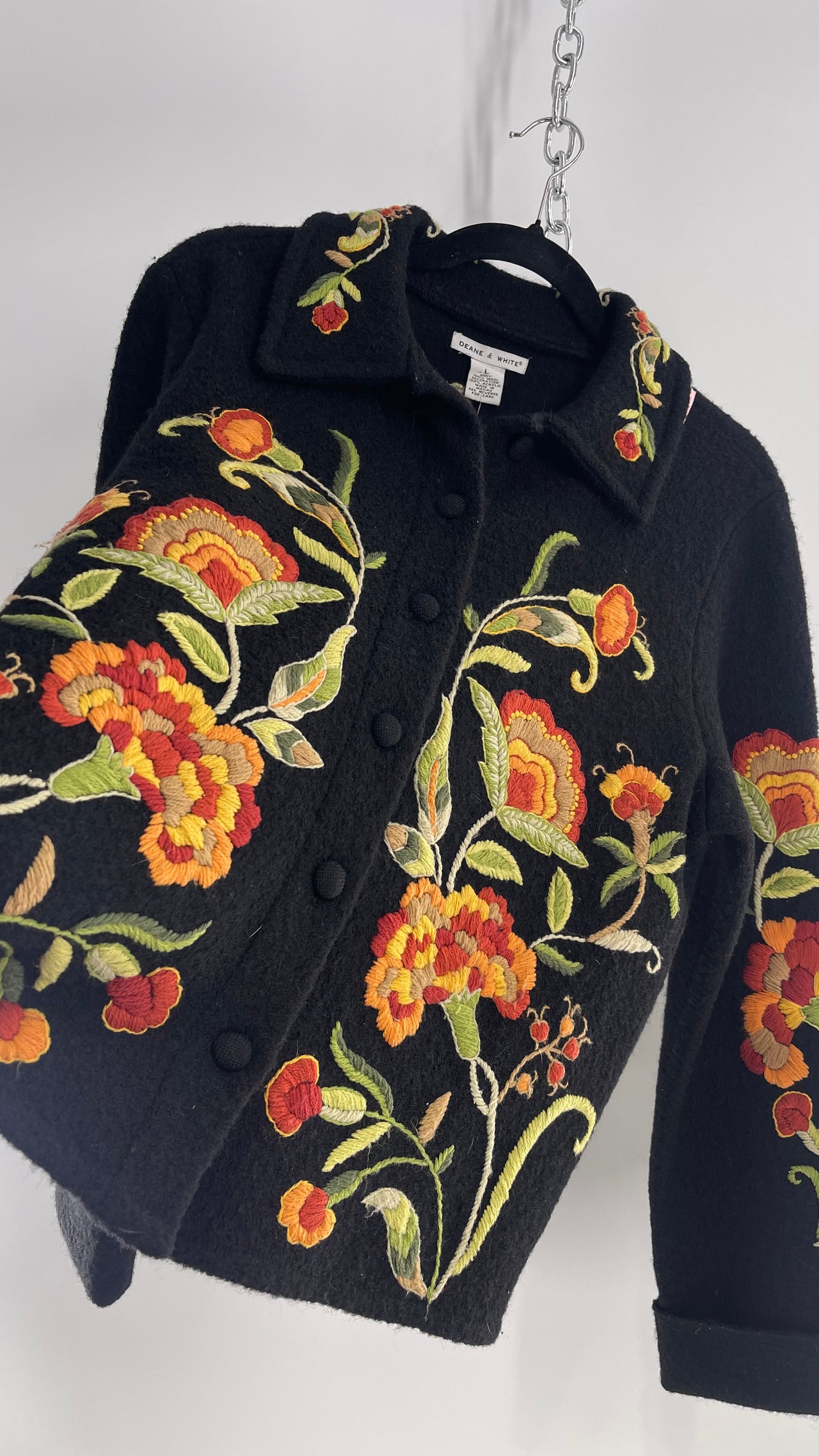 Deane & White Black 100% Wool Orange and Yellow Embroidered Flower Cardigan Jacket (Large)