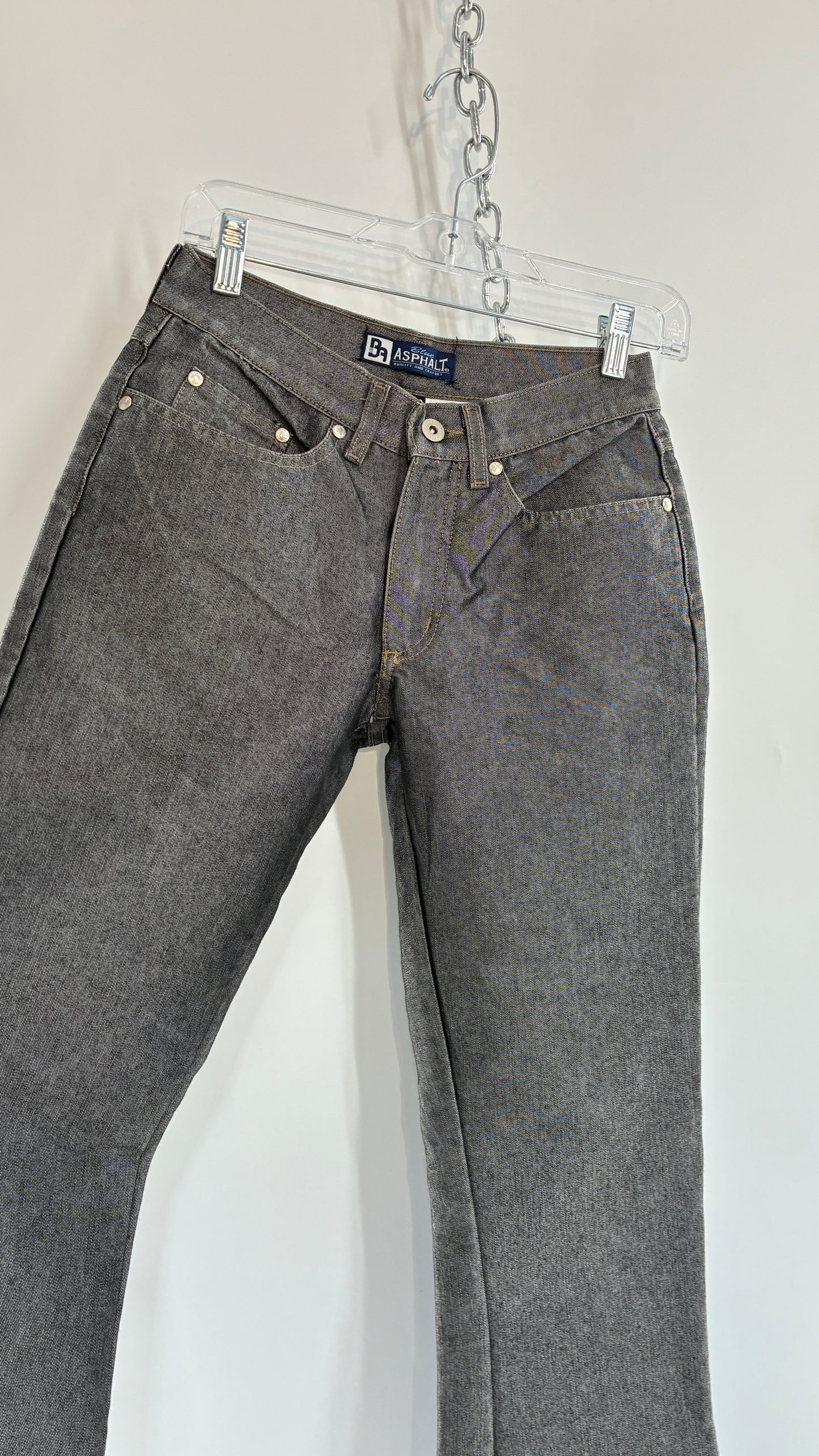Vintage BLUE ASPHALT Metallic Silver Grey Denim Low Rise Kick Flares (5)