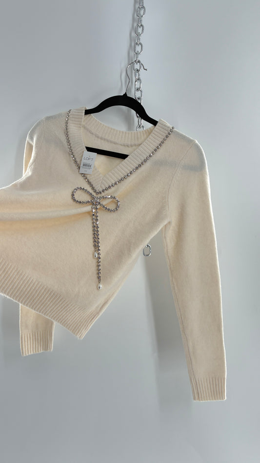 LOFT Cream Reversible Sweater with Rhinestone and Pearl Bow Detail + Tags Attached  (XS)