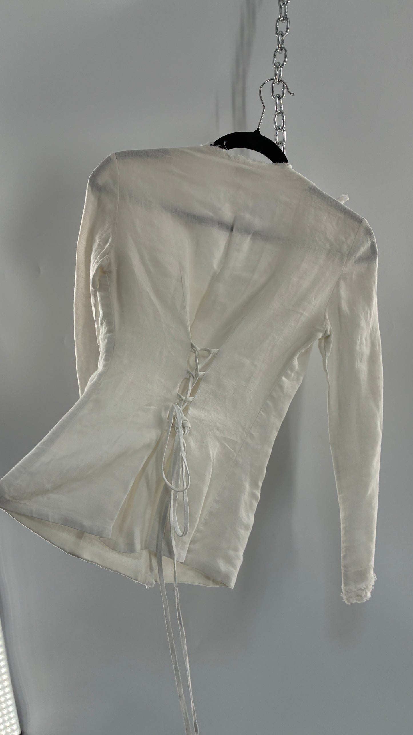 Vintage ANNE FONTAINE Off White Linen Woven Button Up Blouse with Back Corseting, Pearlescent Shell Buttons, and Rosette Details (36)