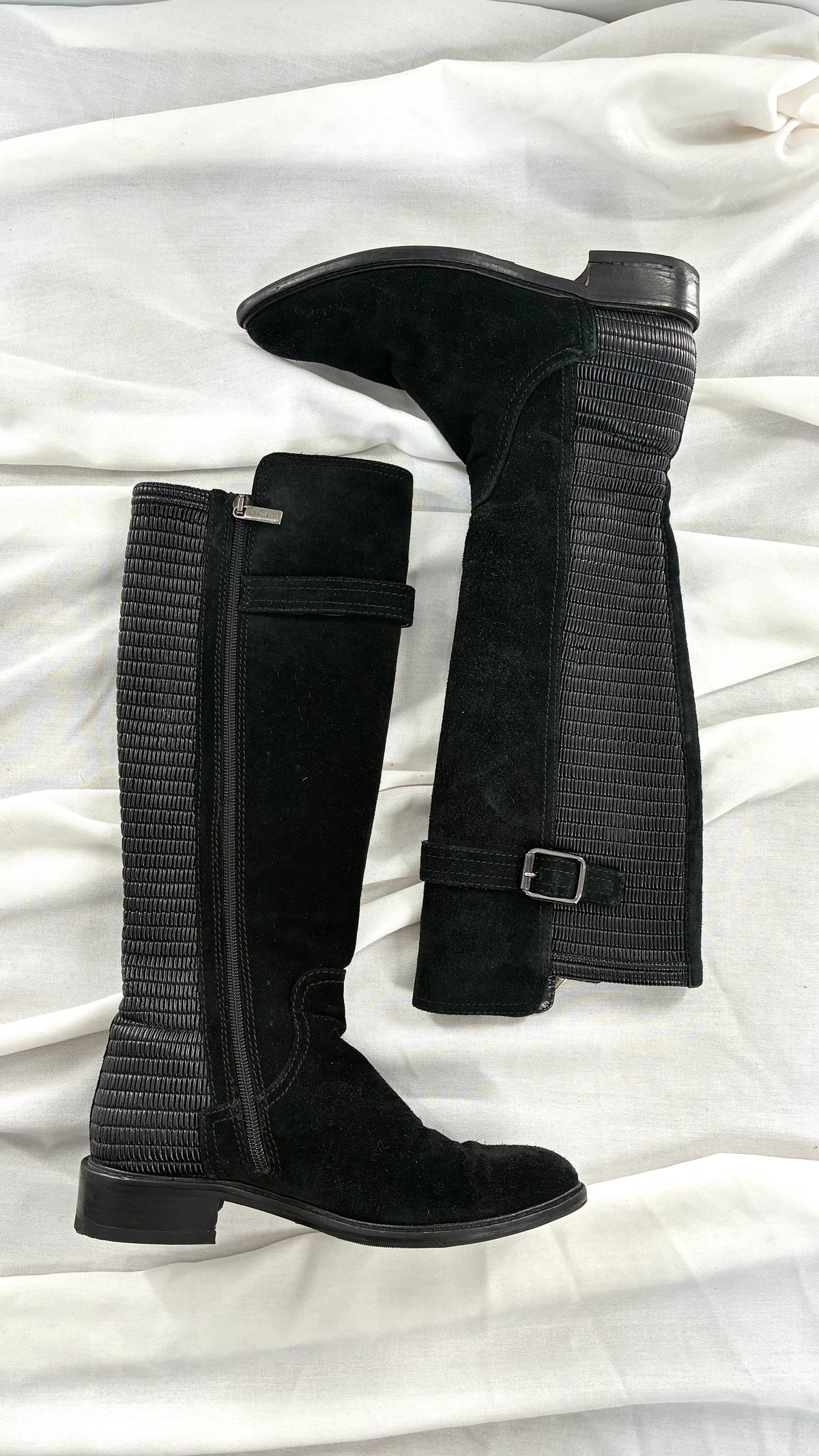Vintage AQUATALIA Black Genuine Suede Riding Boot with Ribbed Detailing  (6.5)
