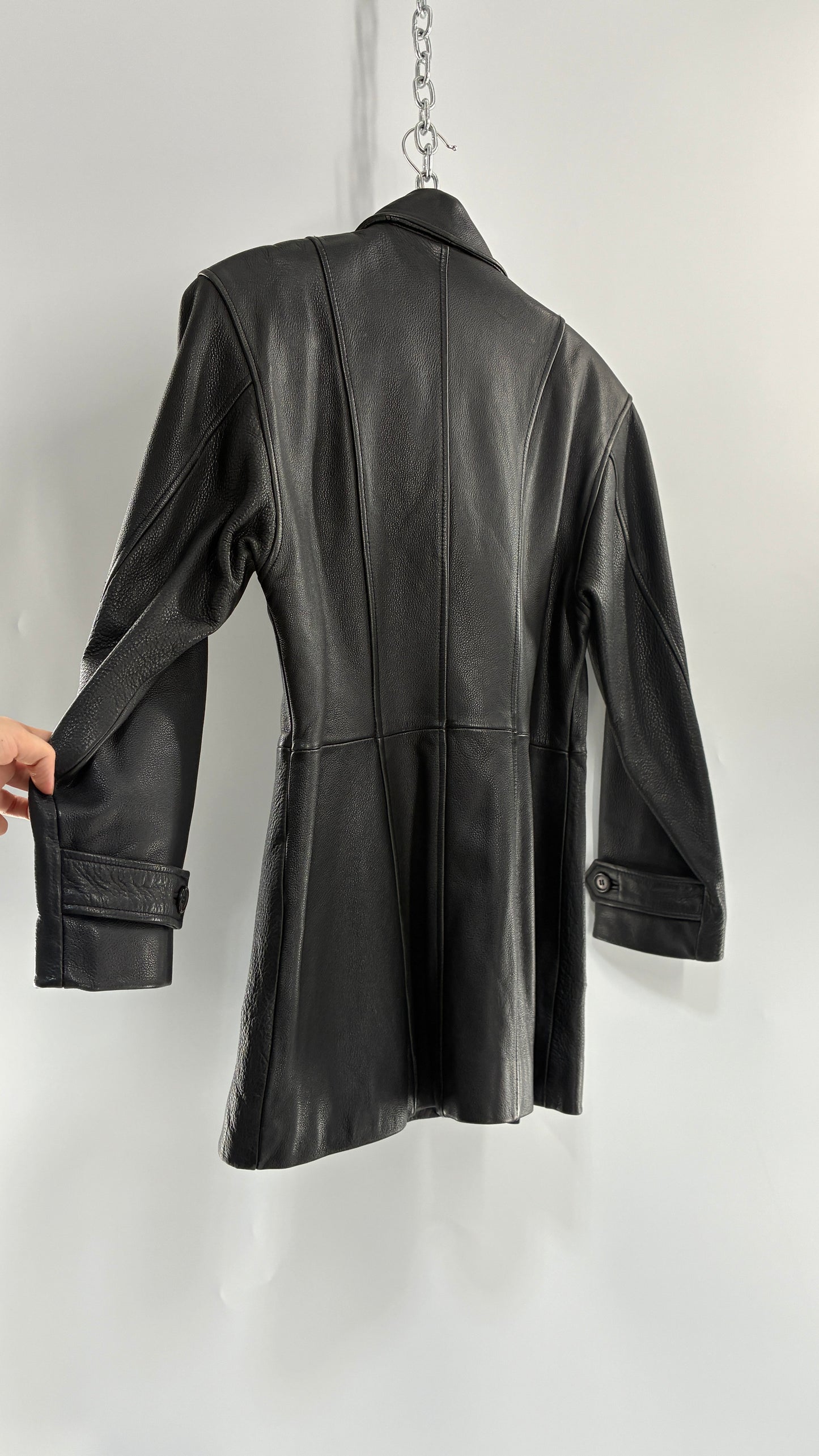 Vintage LUIS ALVEAR Thick Genuine Leather Black Trench Style Jacket (XS)