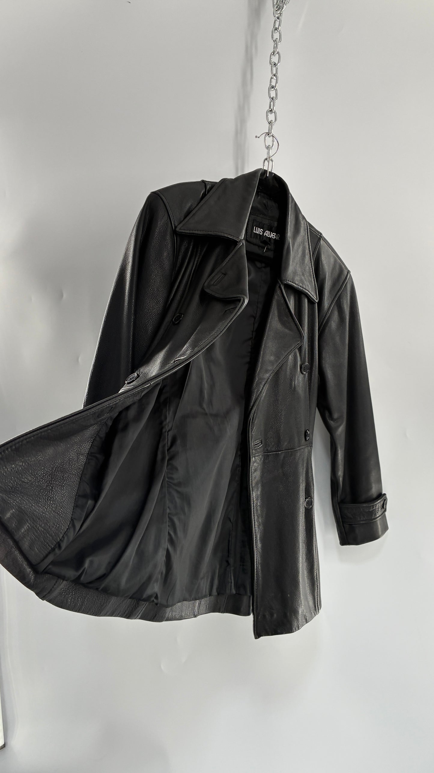 Vintage LUIS ALVEAR Thick Genuine Leather Black Trench Style Jacket (XS)