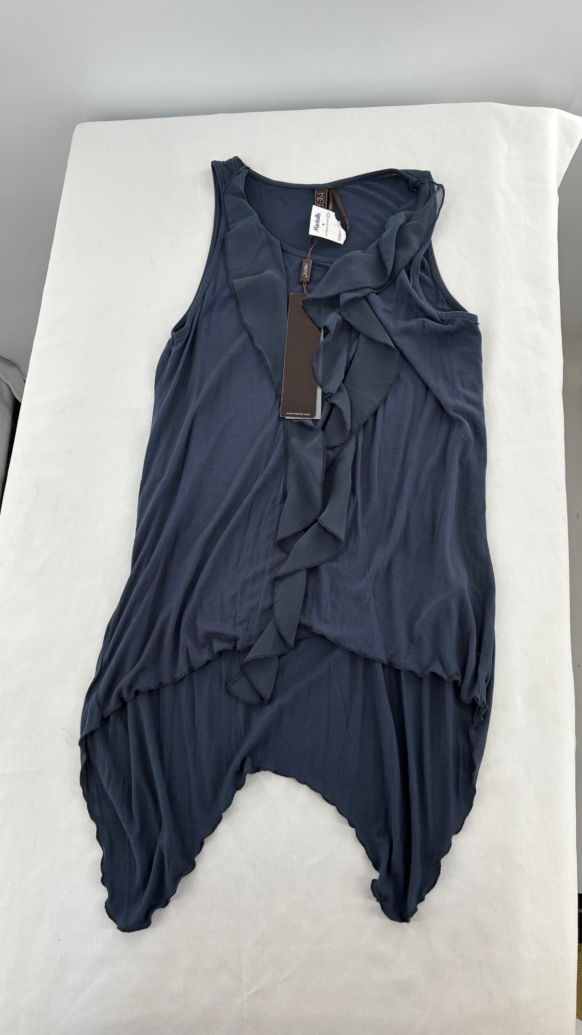 Vintage KISCHE Dusty Navy, Ruffled Handkerchief Hem Tagged Tank (Small)