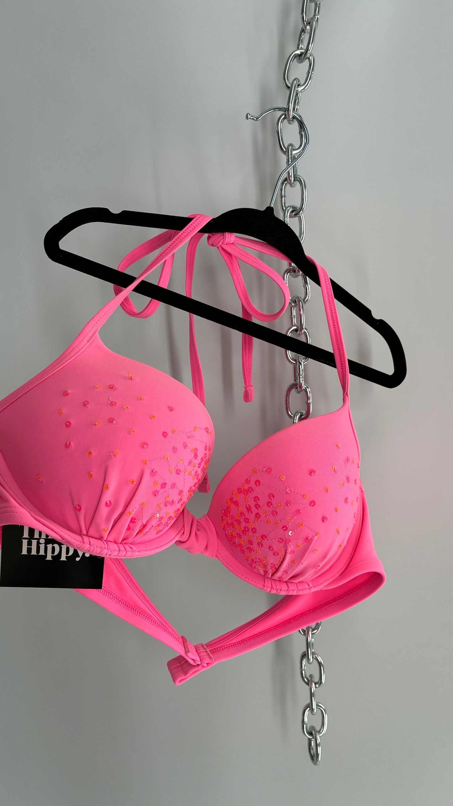 AERIE Pink Underwire Halter Bikini Top with Sequin Details (36B)