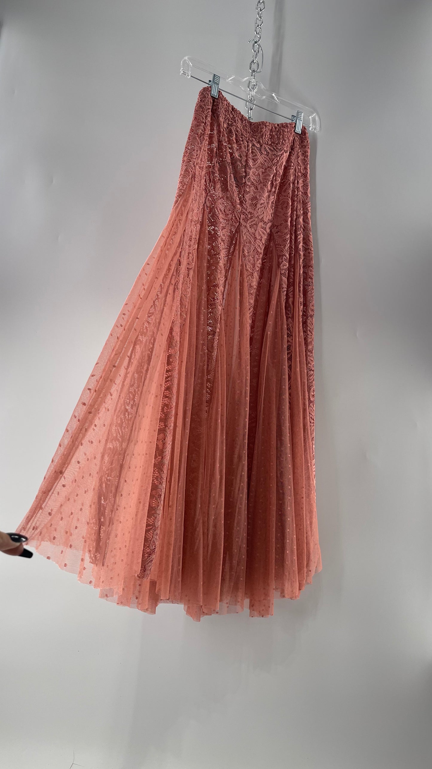 Intimately Free People Blush Pink Lace and Polka Dot Mesh Maxi Skirt (XS)