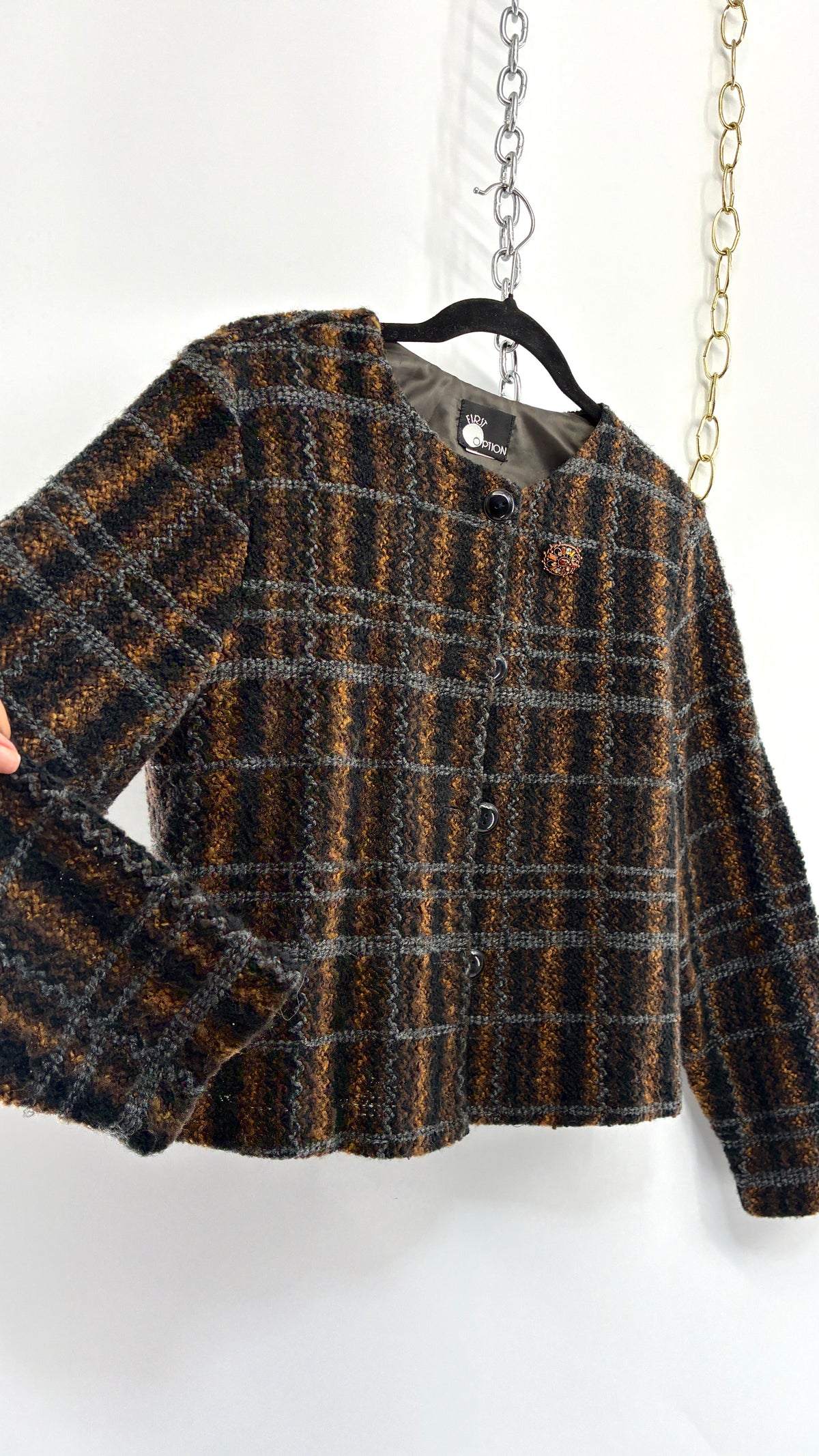 Vintage FIRST OPTION Plaid Knit Cardigan Jacket with Jewel Broche (Small)