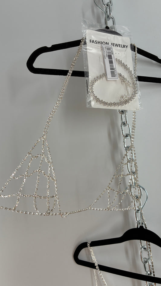 Silver Rhinestone Encrusted Bra, Panty, and Choker Set (One Size)